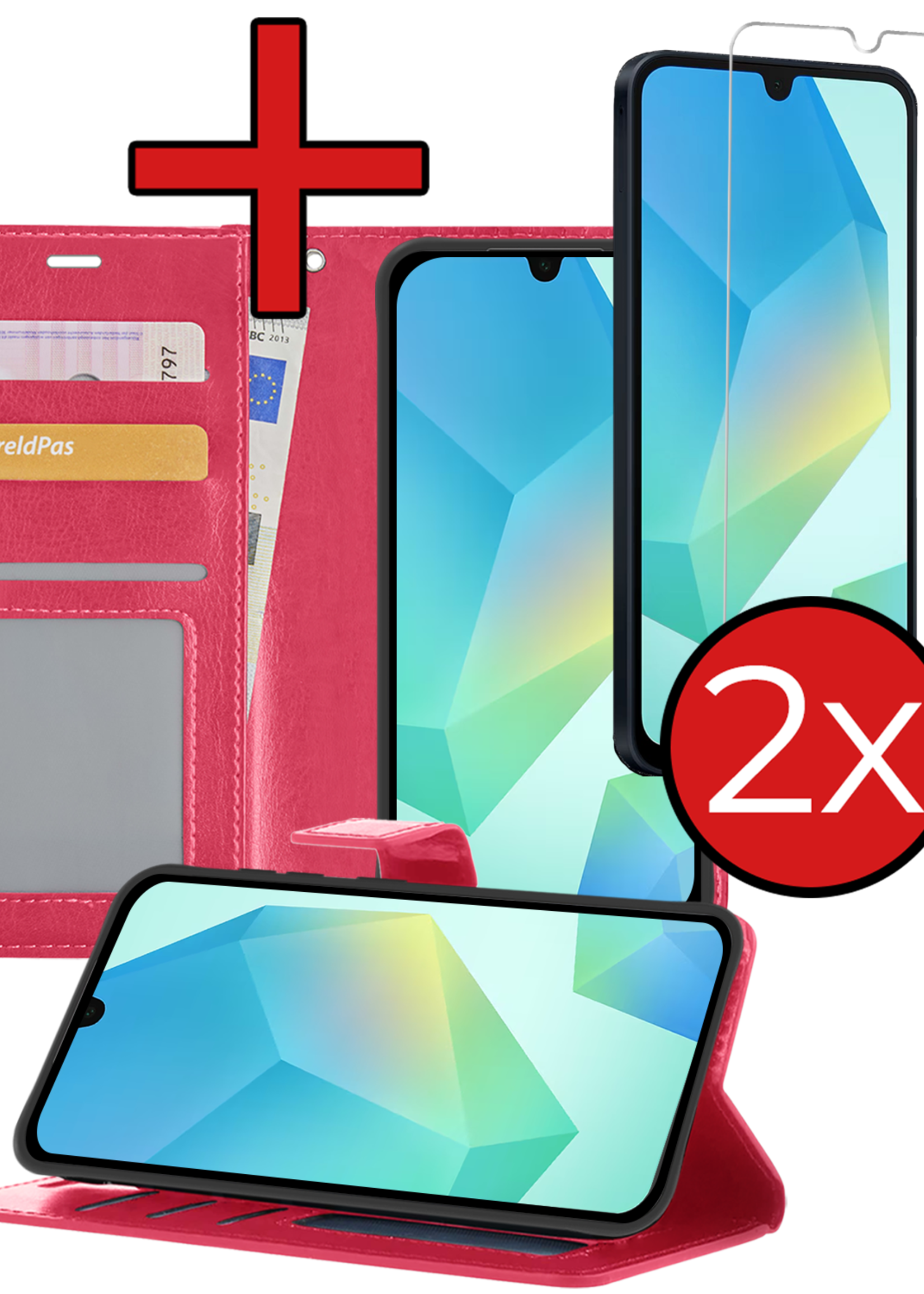 BTH Hoesje Geschikt voor Samsung A16 Hoesje Book Case Hoes Portemonnee Cover Walletcase Met 2x Screenprotector - Hoes Geschikt voor Samsung Galaxy A16 Hoes Bookcase Hoesje - Donkerroze