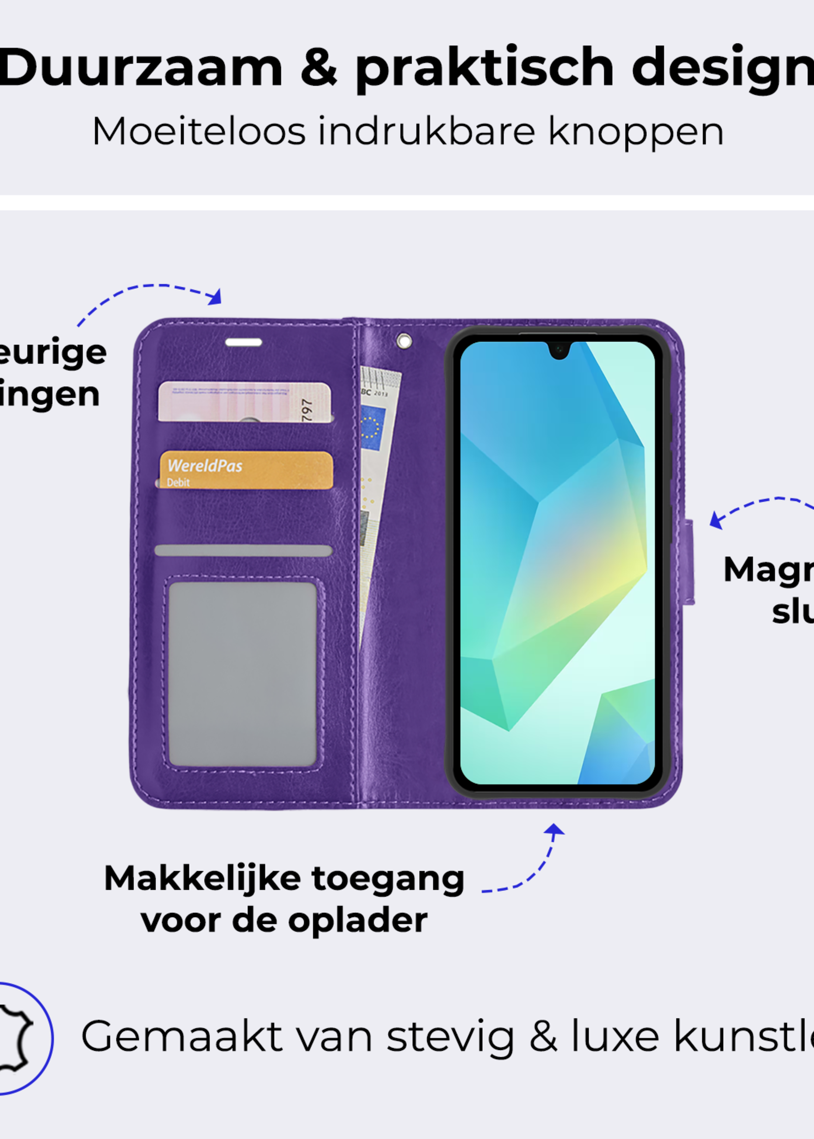 BTH Hoesje Geschikt voor Samsung A16 Hoesje Book Case Hoes Portemonnee Cover Walletcase Met 2x Screenprotector - Hoes Geschikt voor Samsung Galaxy A16 Hoes Bookcase Hoesje - Paars