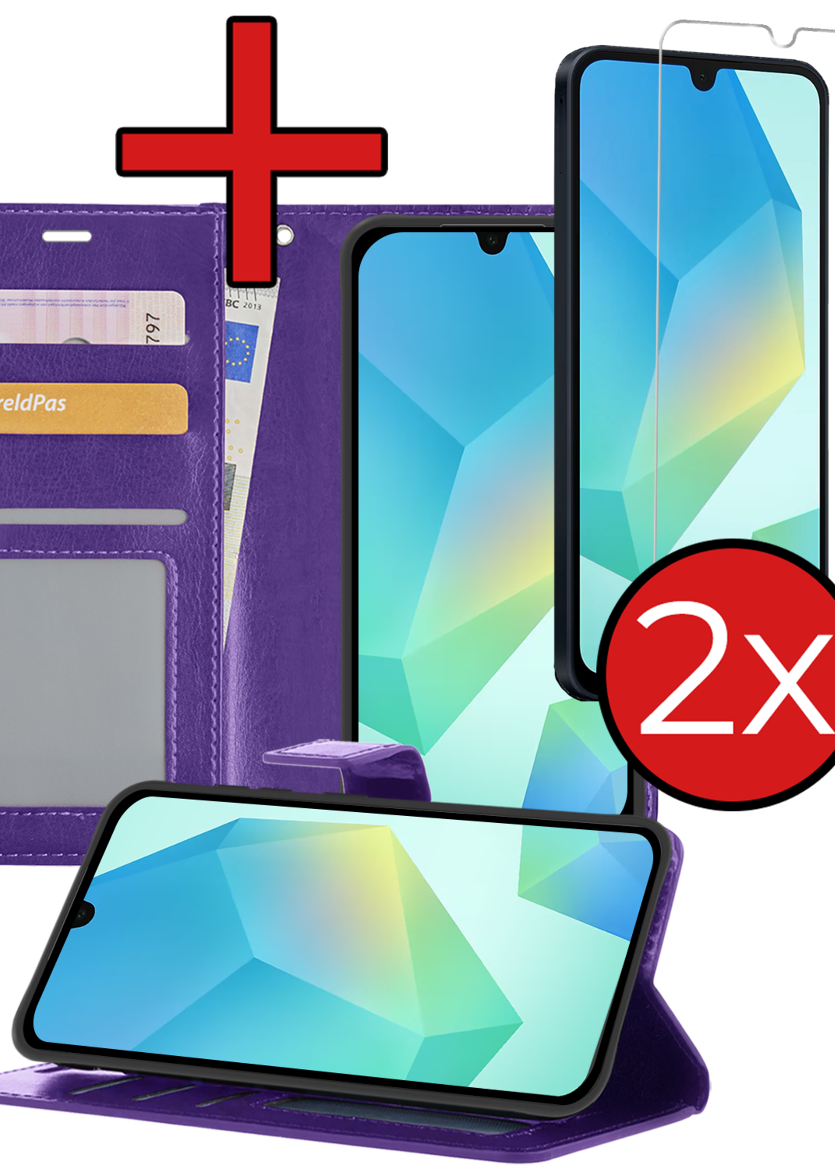 BTH Hoesje Geschikt voor Samsung A16 Hoesje Book Case Hoes Portemonnee Cover Walletcase Met 2x Screenprotector - Hoes Geschikt voor Samsung Galaxy A16 Hoes Bookcase Hoesje - Paars