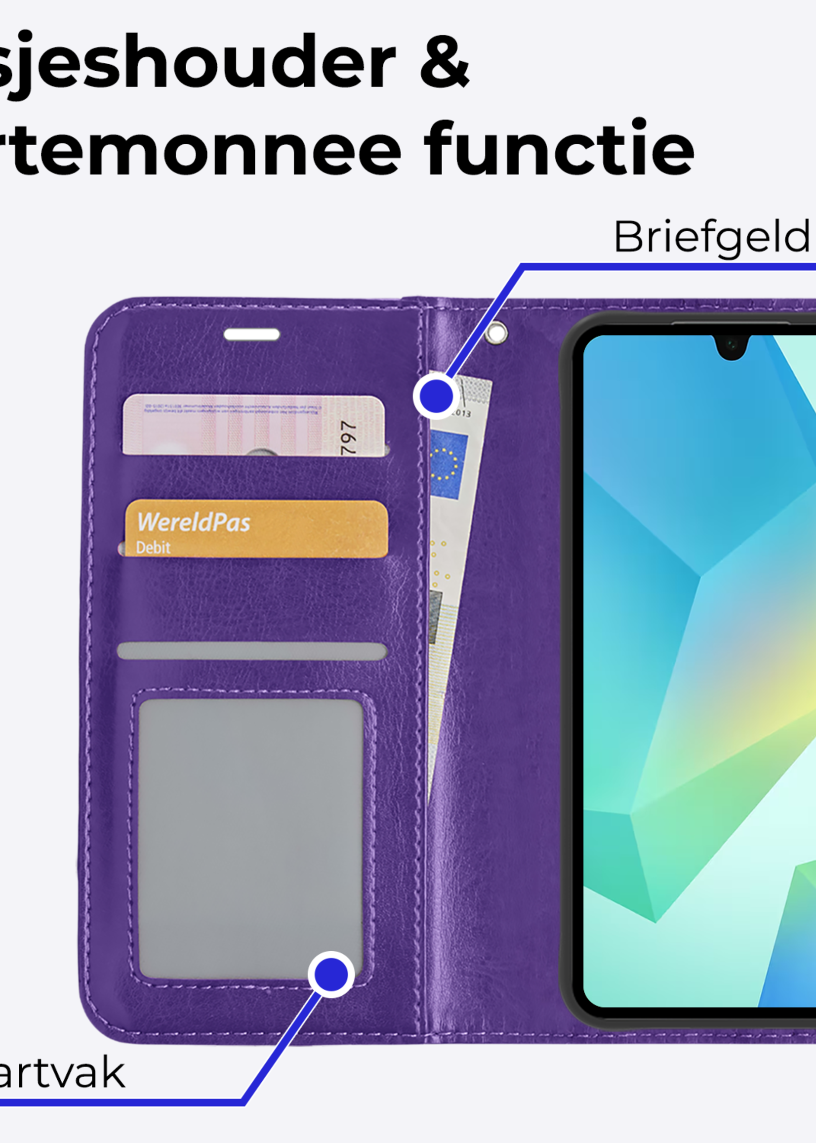 BTH Hoesje Geschikt voor Samsung A16 Hoesje Book Case Hoes Portemonnee Cover Walletcase Met 2x Screenprotector - Hoes Geschikt voor Samsung Galaxy A16 Hoes Bookcase Hoesje - Paars