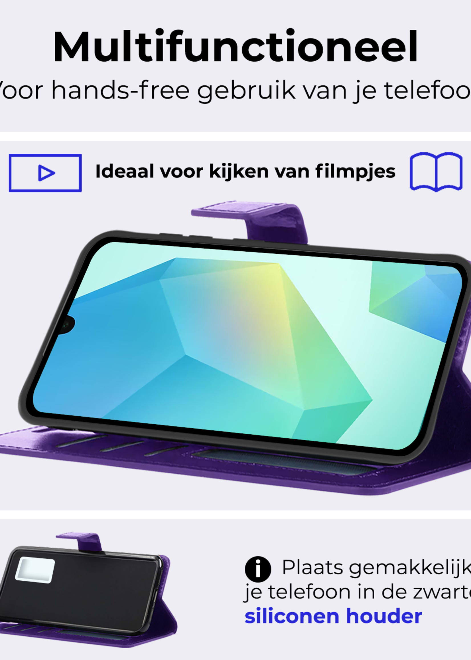 BTH Hoesje Geschikt voor Samsung A16 Hoesje Book Case Hoes Portemonnee Cover Walletcase Met 2x Screenprotector - Hoes Geschikt voor Samsung Galaxy A16 Hoes Bookcase Hoesje - Paars
