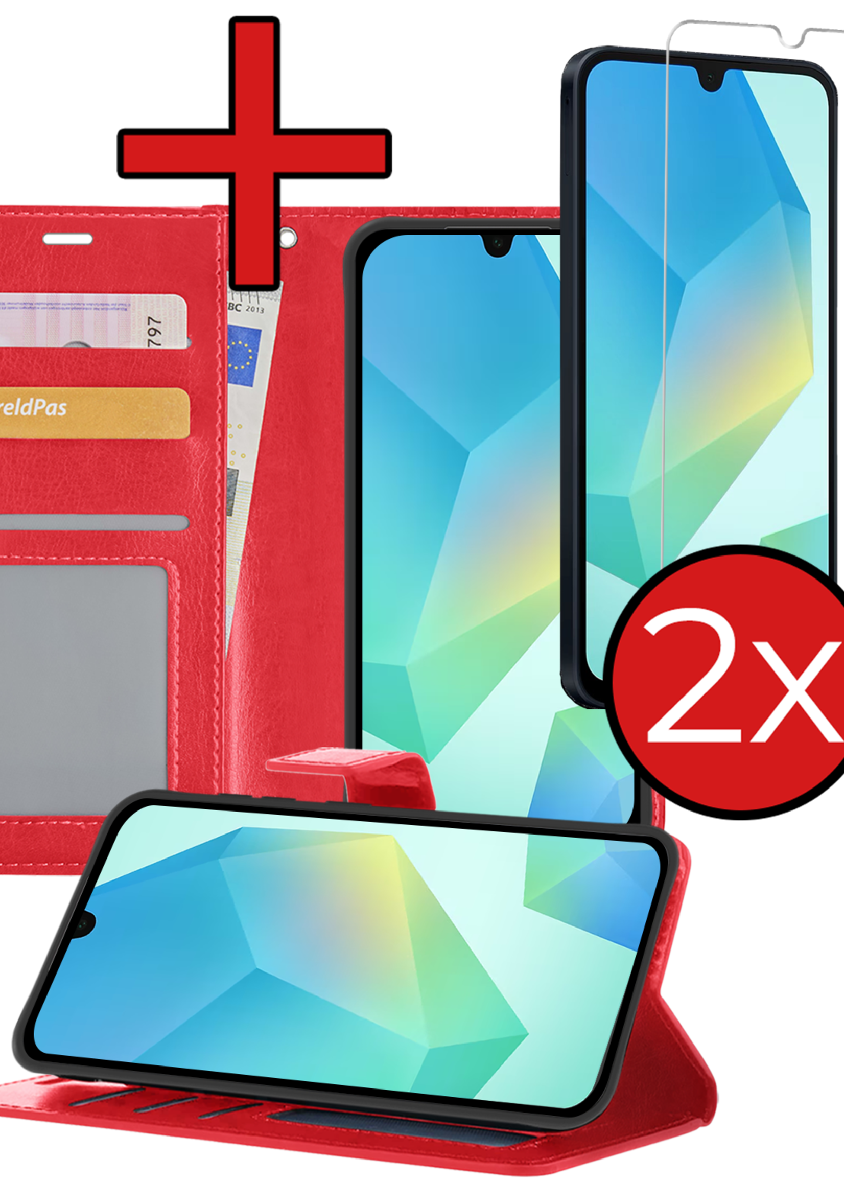 BTH Hoesje Geschikt voor Samsung A16 Hoesje Book Case Hoes Portemonnee Cover Walletcase Met 2x Screenprotector - Hoes Geschikt voor Samsung Galaxy A16 Hoes Bookcase Hoesje - Rood