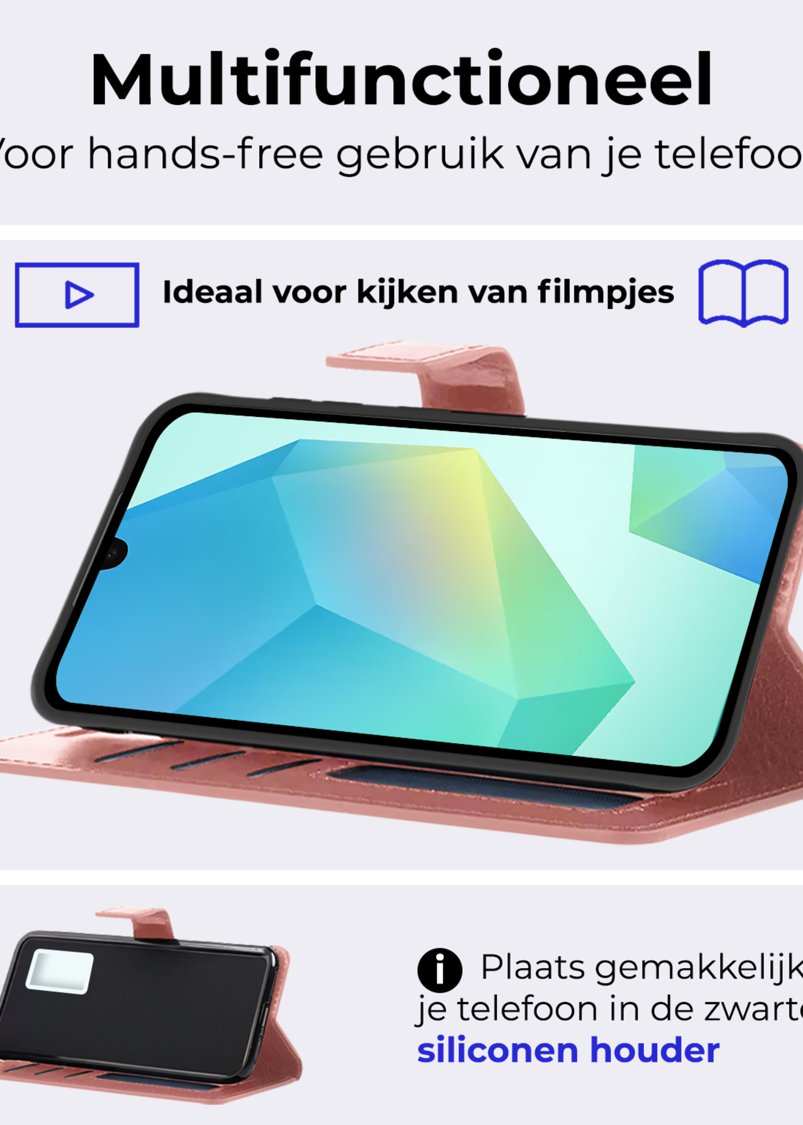 BTH Hoesje Geschikt voor Samsung A16 Hoesje Book Case Hoes Portemonnee Cover Walletcase Met 2x Screenprotector - Hoes Geschikt voor Samsung Galaxy A16 Hoes Bookcase Hoesje - Rosé goud