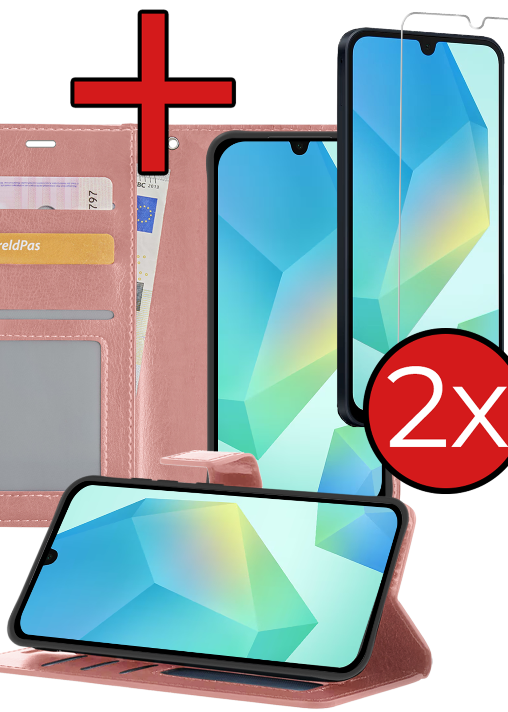 BTH Hoesje Geschikt voor Samsung A16 Hoesje Book Case Hoes Portemonnee Cover Walletcase Met 2x Screenprotector - Hoes Geschikt voor Samsung Galaxy A16 Hoes Bookcase Hoesje - Rosé goud