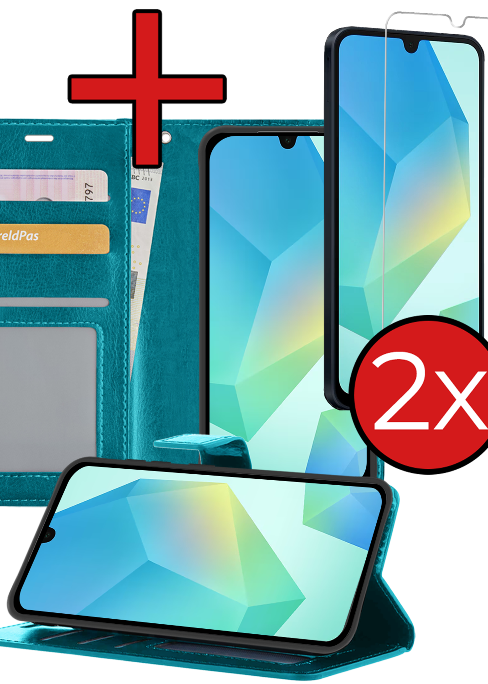 BTH Hoesje Geschikt voor Samsung A16 Hoesje Book Case Hoes Portemonnee Cover Walletcase Met 2x Screenprotector - Hoes Geschikt voor Samsung Galaxy A16 Hoes Bookcase Hoesje - Turquoise