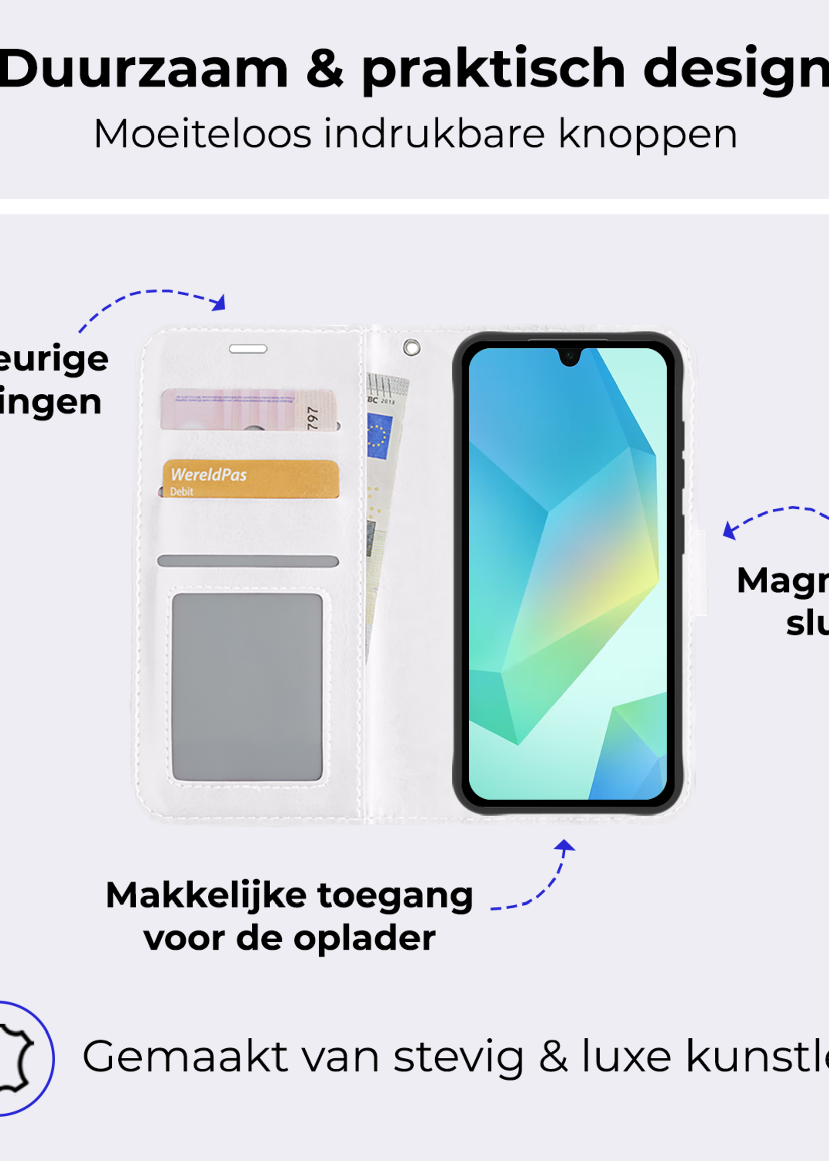 BTH Hoesje Geschikt voor Samsung A16 Hoesje Book Case Hoes Portemonnee Cover Walletcase Met 2x Screenprotector - Hoes Geschikt voor Samsung Galaxy A16 Hoes Bookcase Hoesje - Wit