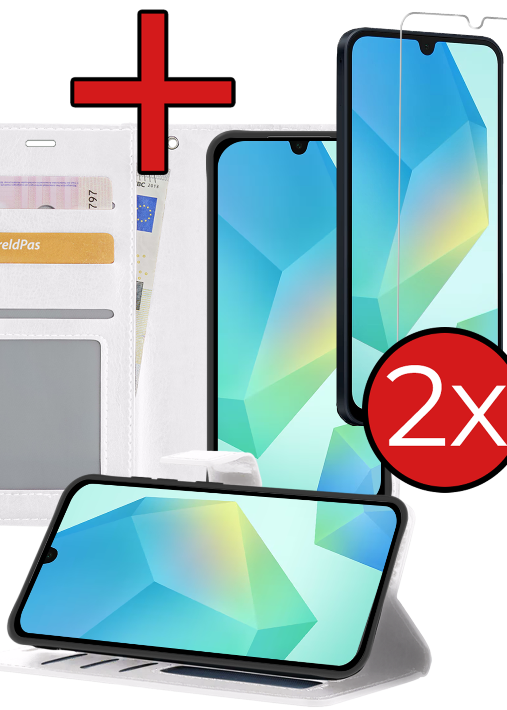 BTH Hoesje Geschikt voor Samsung A16 Hoesje Book Case Hoes Portemonnee Cover Walletcase Met 2x Screenprotector - Hoes Geschikt voor Samsung Galaxy A16 Hoes Bookcase Hoesje - Wit