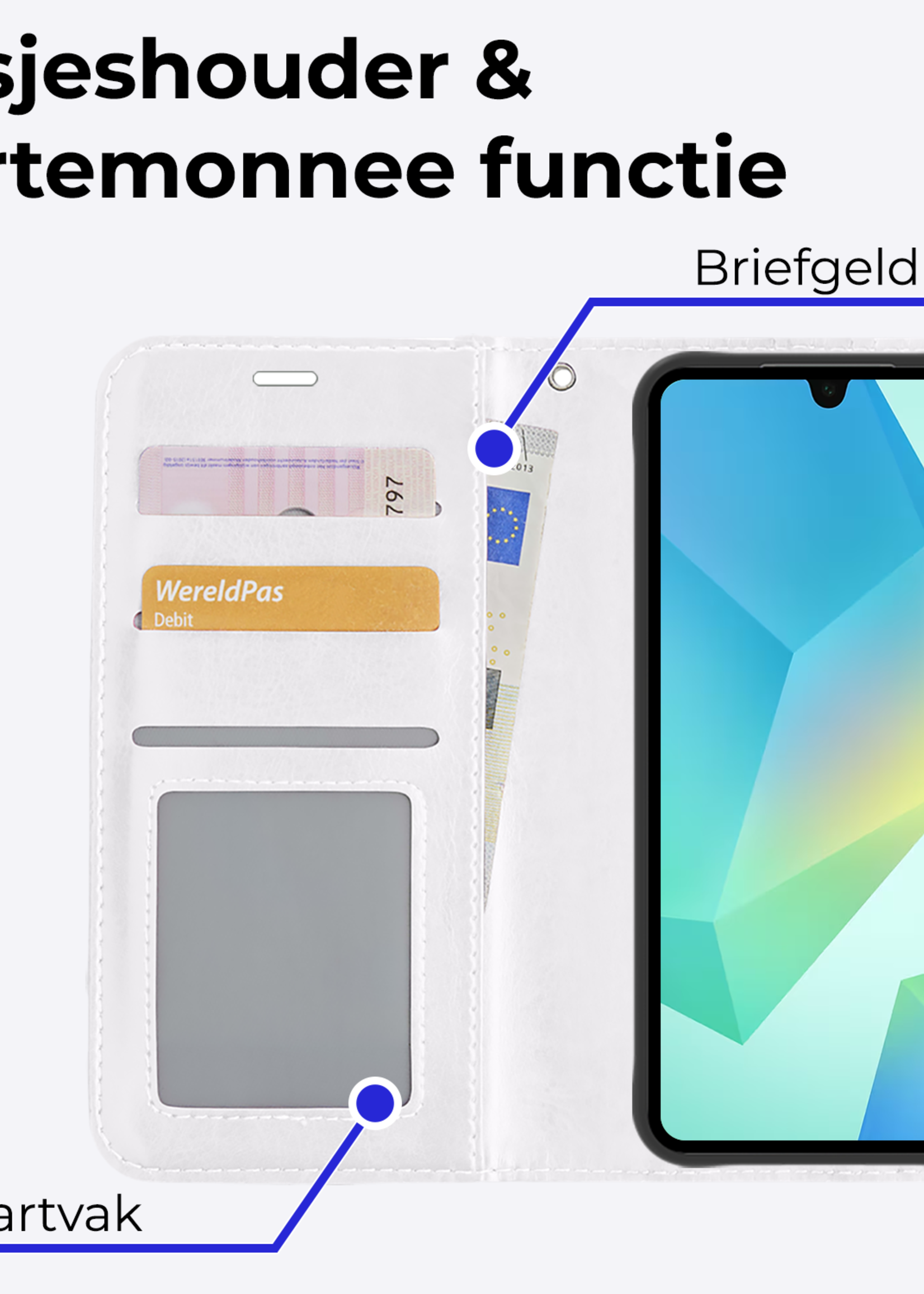 BTH Hoesje Geschikt voor Samsung A16 Hoesje Book Case Hoes Portemonnee Cover Walletcase Met 2x Screenprotector - Hoes Geschikt voor Samsung Galaxy A16 Hoes Bookcase Hoesje - Wit
