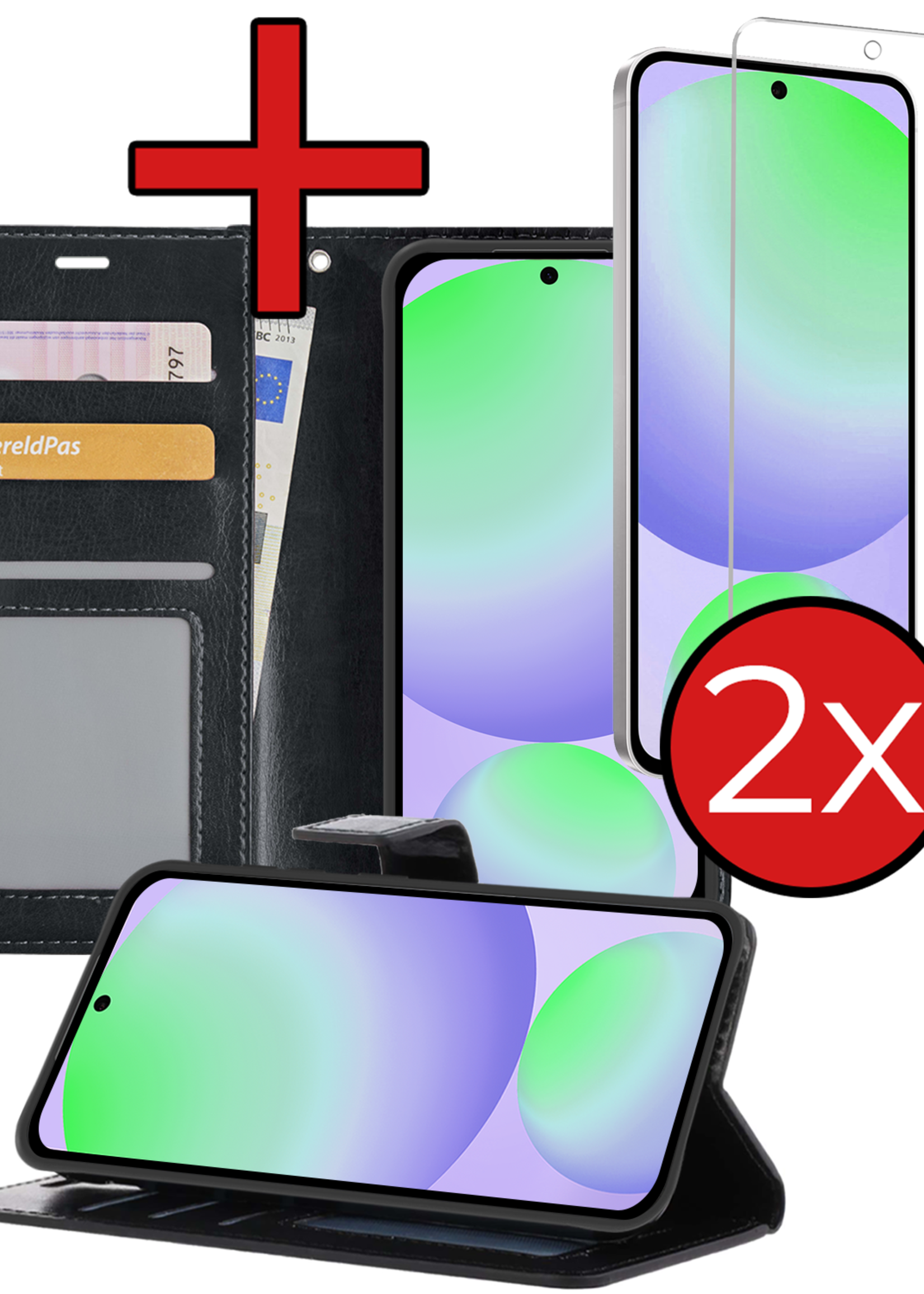 BTH Hoesje Geschikt voor Samsung S24 FE Hoesje Book Case Hoes Portemonnee Cover Walletcase Met 2x Screenprotector - Hoes Geschikt voor Samsung Galaxy S24 FE Hoes Bookcase Hoesje - Zwart