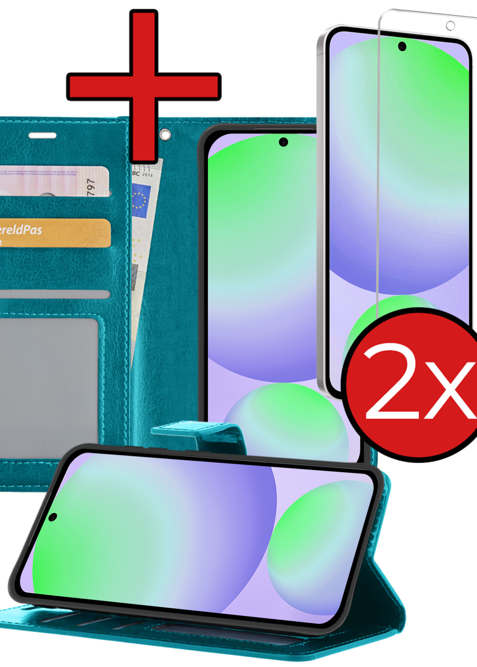 BTH Hoesje Geschikt voor Samsung S24 FE Hoesje Book Case Hoes Portemonnee Cover Walletcase Met 2x Screenprotector - Hoes Geschikt voor Samsung Galaxy S24 FE Hoes Bookcase Hoesje - Turquoise