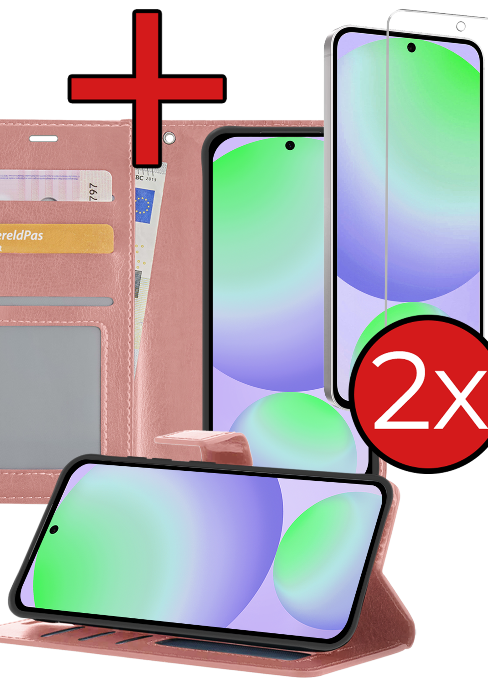 BTH Hoesje Geschikt voor Samsung S24 FE Hoesje Book Case Hoes Portemonnee Cover Walletcase Met 2x Screenprotector - Hoes Geschikt voor Samsung Galaxy S24 FE Hoes Bookcase Hoesje - Rosé goud