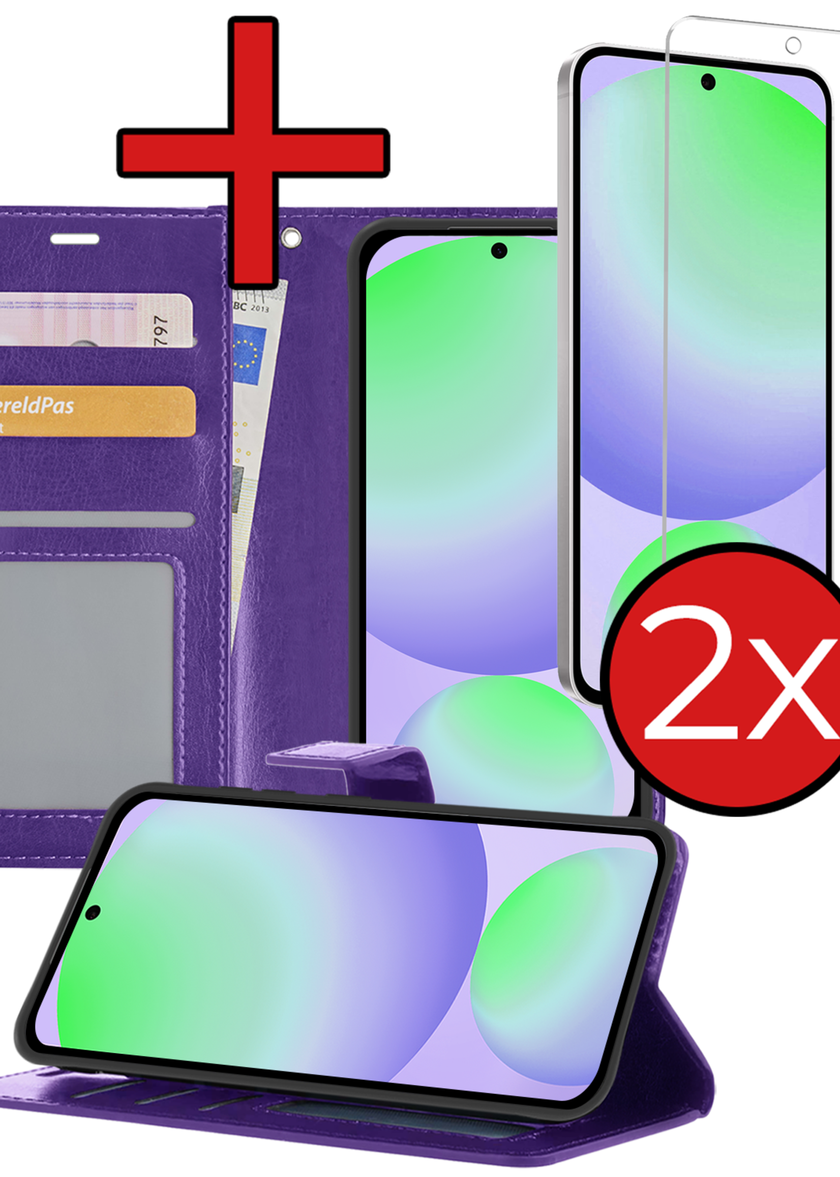 BTH Hoesje Geschikt voor Samsung S24 FE Hoesje Book Case Hoes Portemonnee Cover Walletcase Met 2x Screenprotector - Hoes Geschikt voor Samsung Galaxy S24 FE Hoes Bookcase Hoesje - Paars