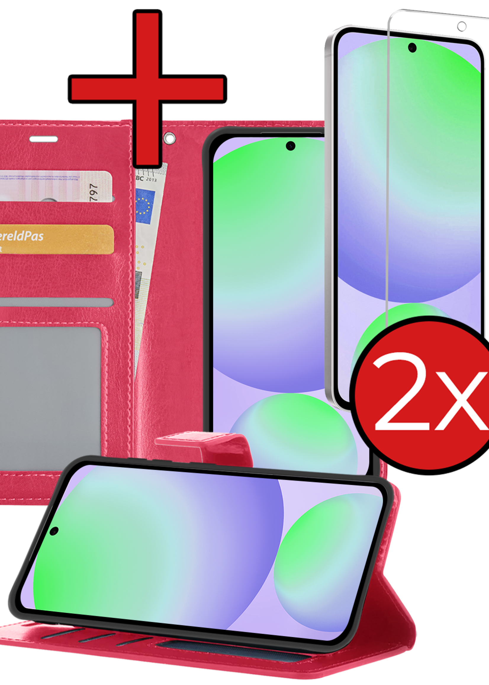 BTH Hoesje Geschikt voor Samsung S24 FE Hoesje Book Case Hoes Portemonnee Cover Walletcase Met 2x Screenprotector - Hoes Geschikt voor Samsung Galaxy S24 FE Hoes Bookcase Hoesje - Donkerroze