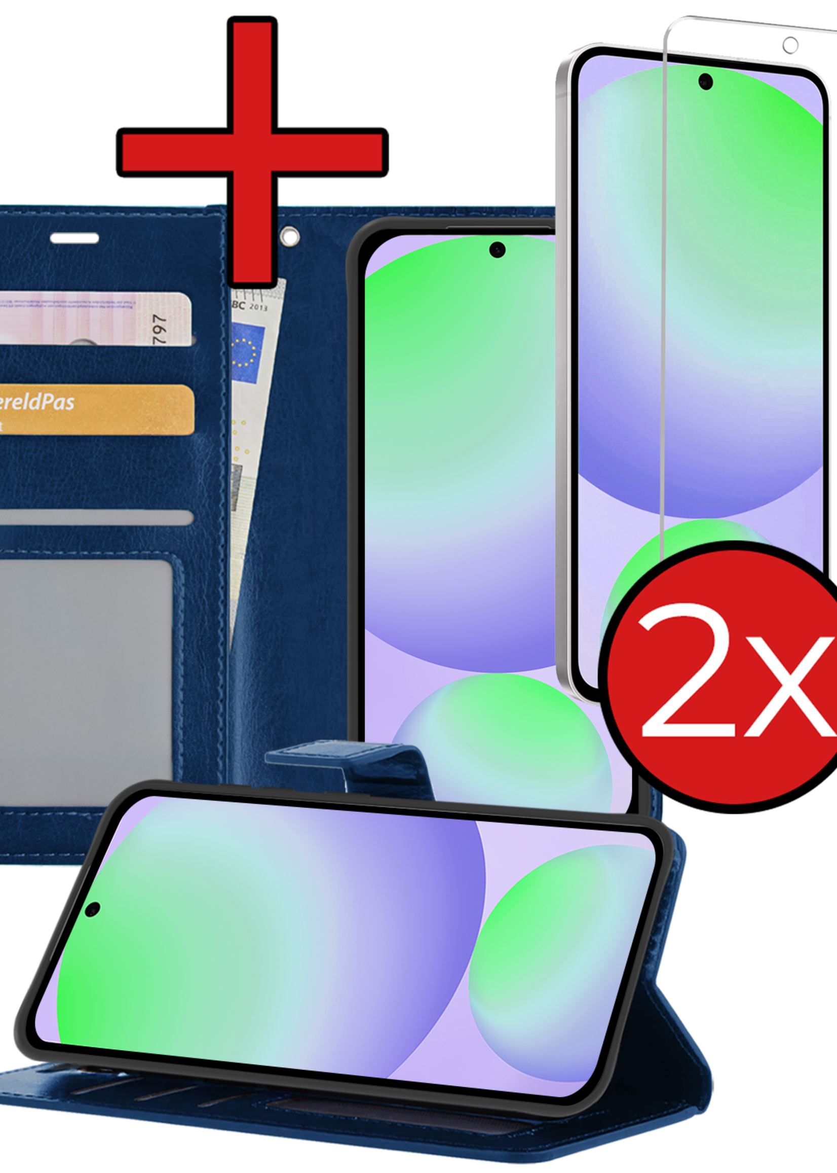 BTH Hoesje Geschikt voor Samsung S24 FE Hoesje Book Case Hoes Portemonnee Cover Walletcase Met 2x Screenprotector - Hoes Geschikt voor Samsung Galaxy S24 FE Hoes Bookcase Hoesje - Donkerblauw