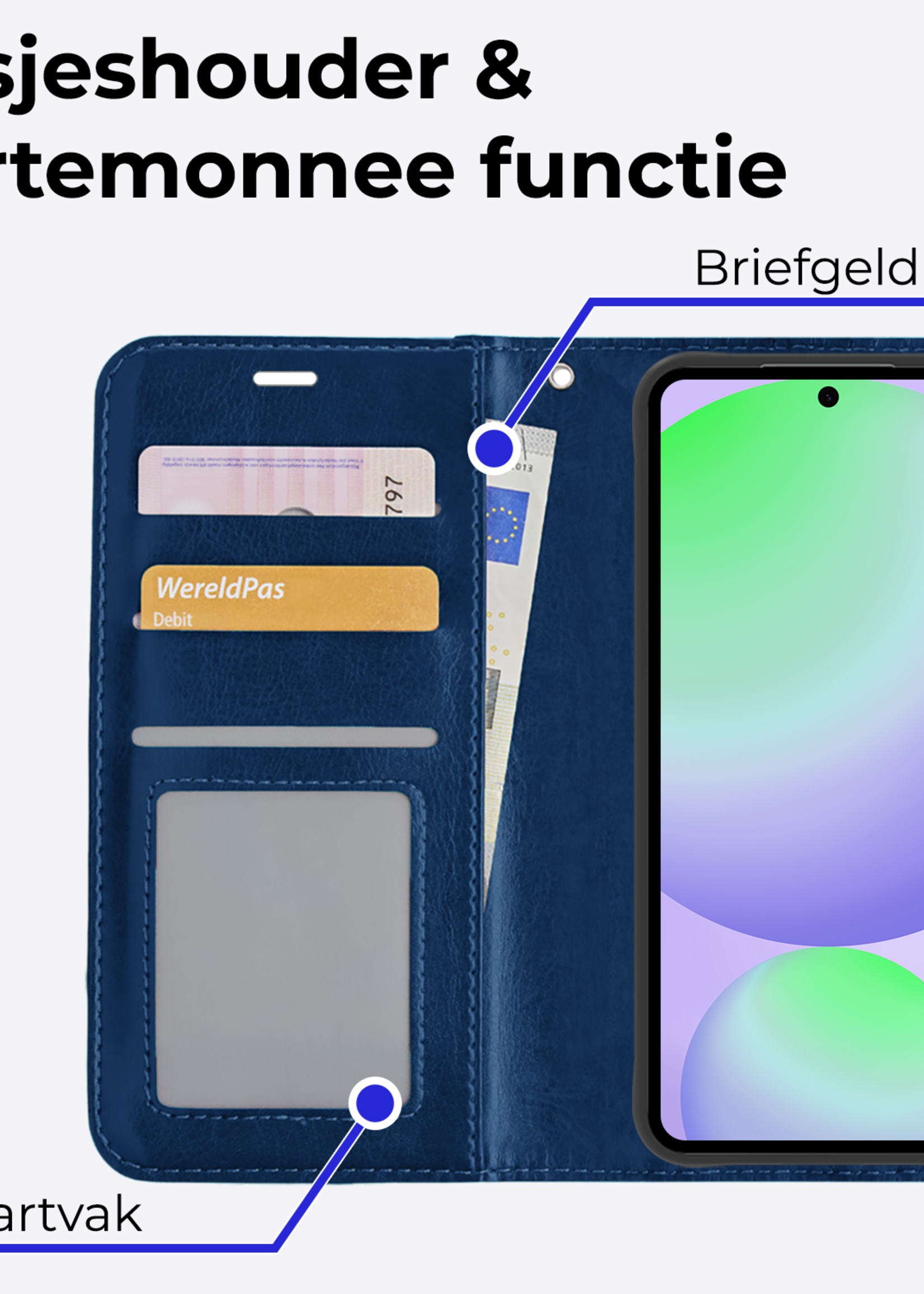 BTH Hoesje Geschikt voor Samsung S24 FE Hoesje Book Case Hoes Portemonnee Cover Walletcase Met 2x Screenprotector - Hoes Geschikt voor Samsung Galaxy S24 FE Hoes Bookcase Hoesje - Donkerblauw