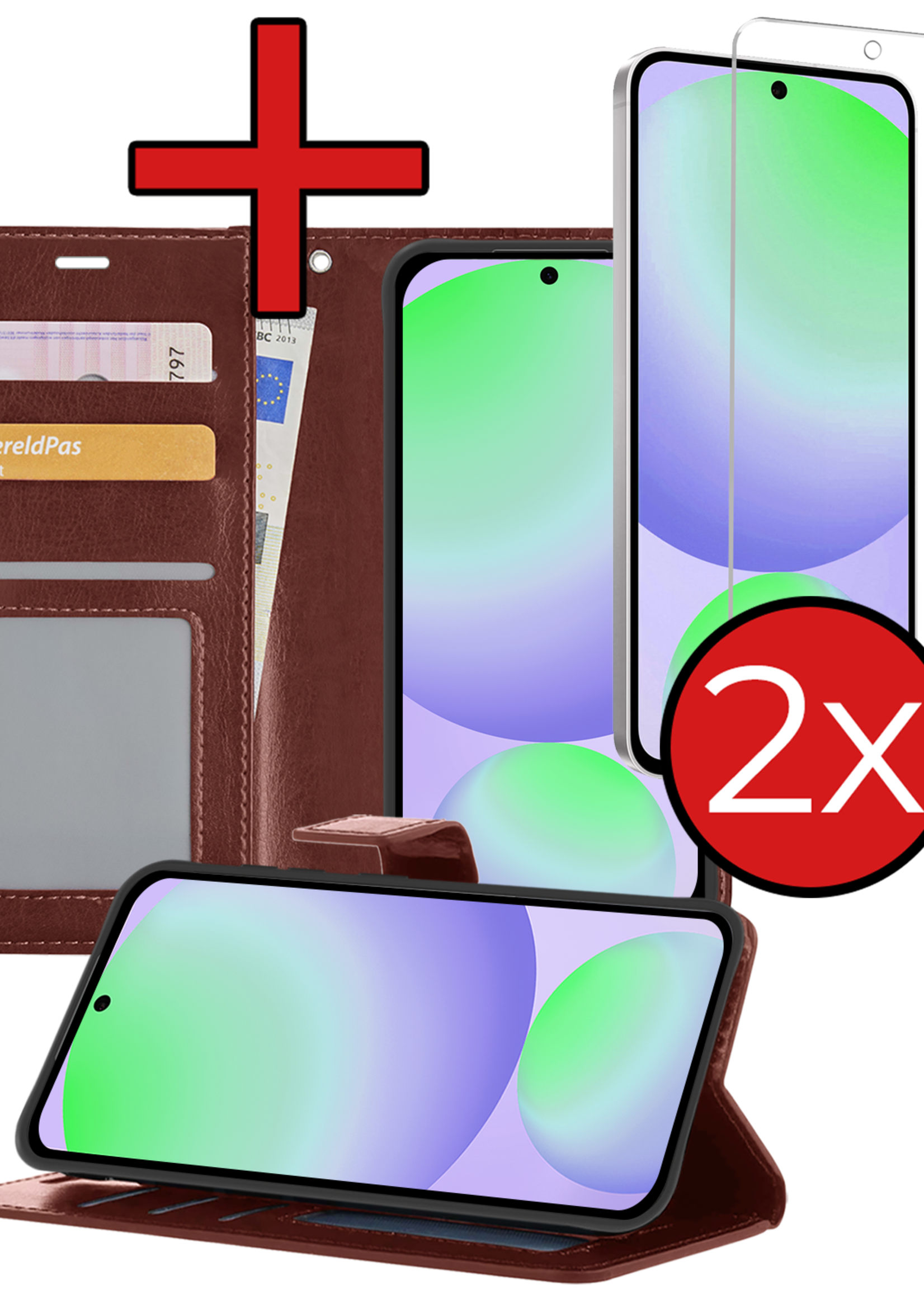 BTH Hoesje Geschikt voor Samsung S24 FE Hoesje Book Case Hoes Portemonnee Cover Walletcase Met 2x Screenprotector - Hoes Geschikt voor Samsung Galaxy S24 FE Hoes Bookcase Hoesje - Bruin
