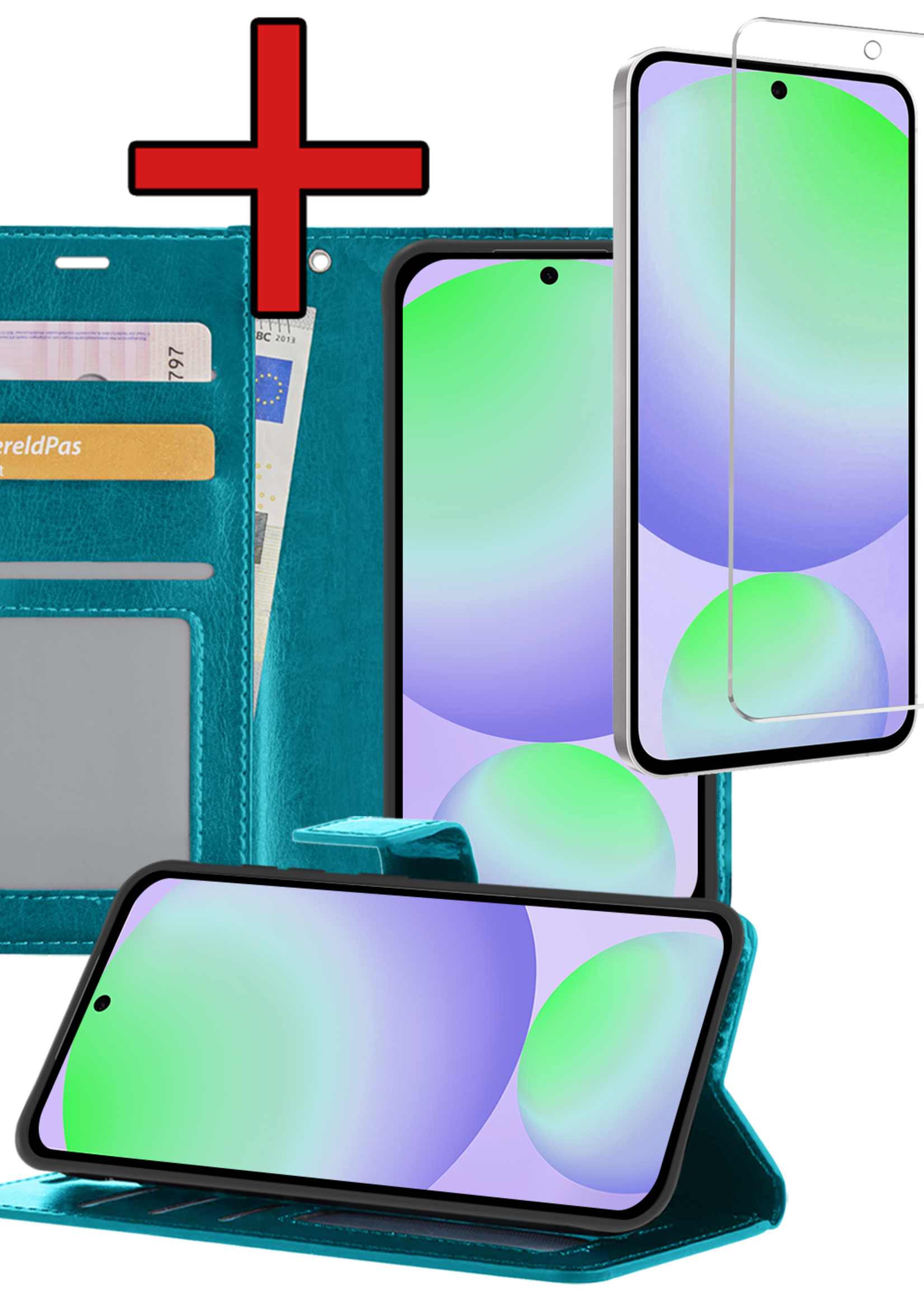 BTH Hoesje Geschikt voor Samsung S24 FE Hoesje Book Case Hoes Portemonnee Cover Walletcase Met Screenprotector - Hoes Geschikt voor Samsung Galaxy S24 FE Hoes Bookcase Hoesje - Turquoise