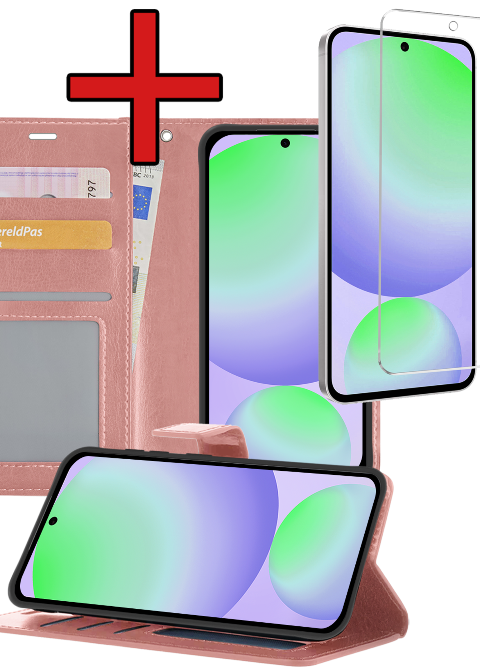BTH Hoesje Geschikt voor Samsung S24 FE Hoesje Book Case Hoes Portemonnee Cover Walletcase Met Screenprotector - Hoes Geschikt voor Samsung Galaxy S24 FE Hoes Bookcase Hoesje - Rosé goud