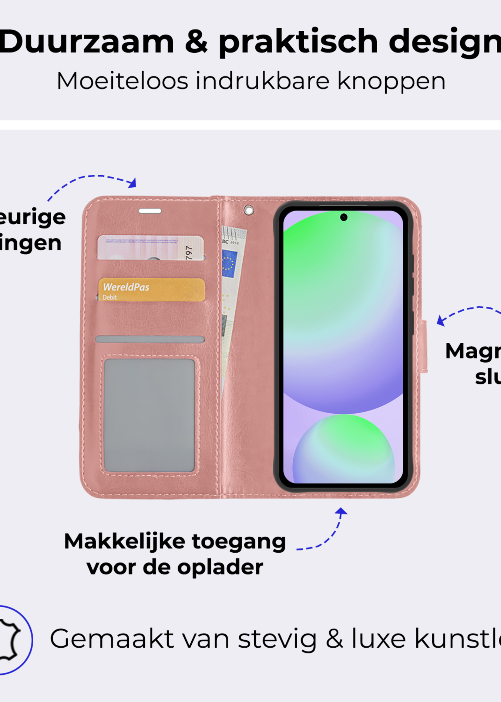 BTH Hoesje Geschikt voor Samsung S24 FE Hoesje Book Case Hoes Portemonnee Cover Walletcase Met Screenprotector - Hoes Geschikt voor Samsung Galaxy S24 FE Hoes Bookcase Hoesje - Rosé goud