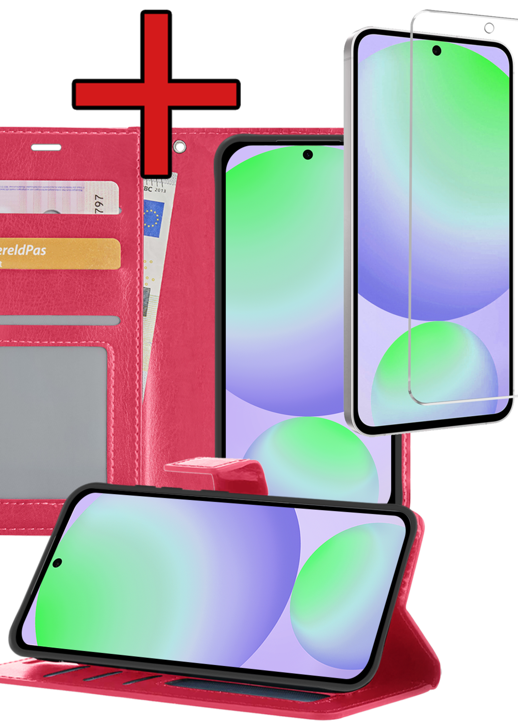 BTH Hoesje Geschikt voor Samsung S24 FE Hoesje Book Case Hoes Portemonnee Cover Walletcase Met Screenprotector - Hoes Geschikt voor Samsung Galaxy S24 FE Hoes Bookcase Hoesje - Donkerroze