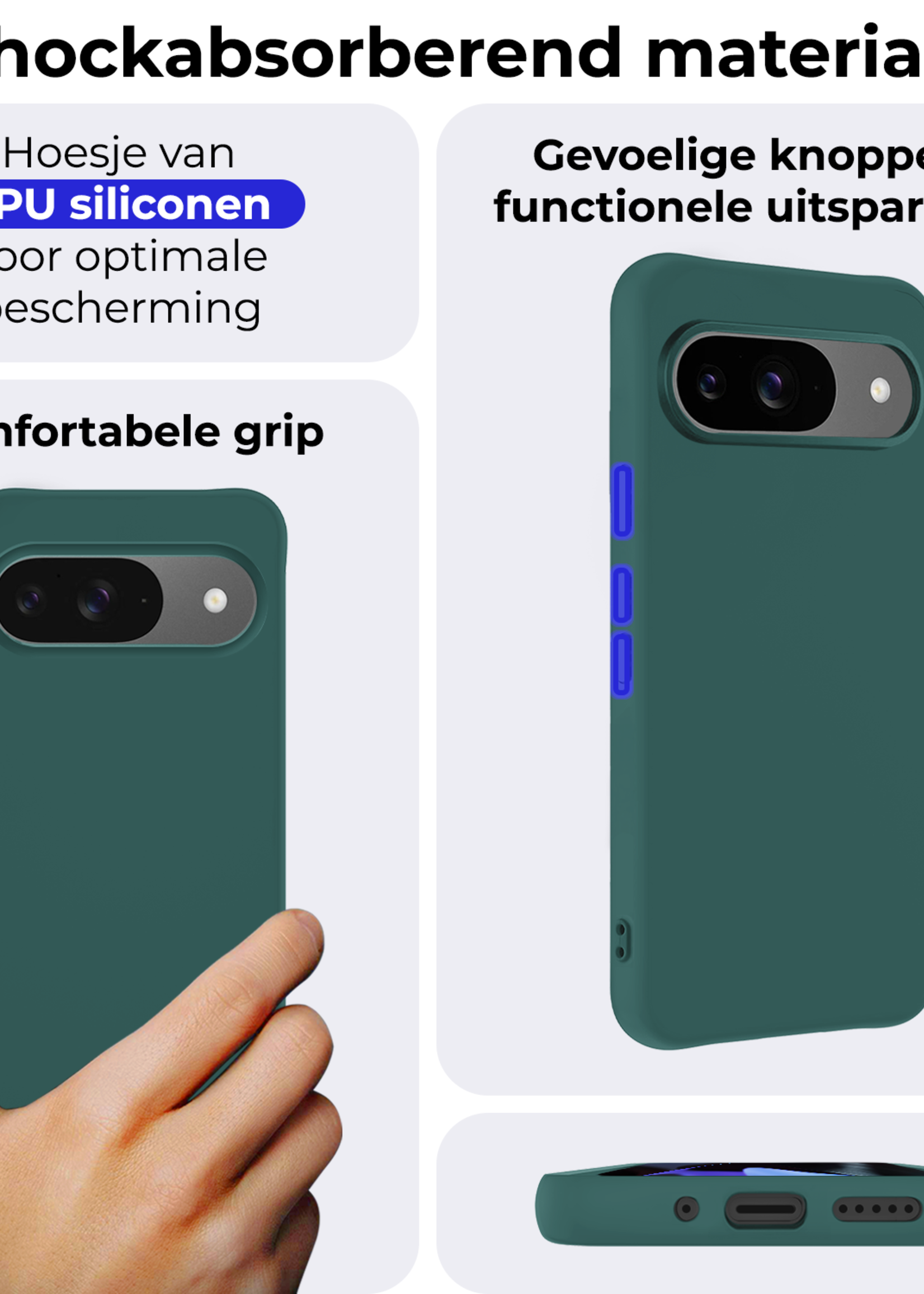 BTH Hoesje Geschikt voor Google Pixel 9 Hoesje Siliconen Case Hoes - Hoes Geschikt voor Google Pixel 9 Hoes Cover Case - Donkergroen - 2 PACK