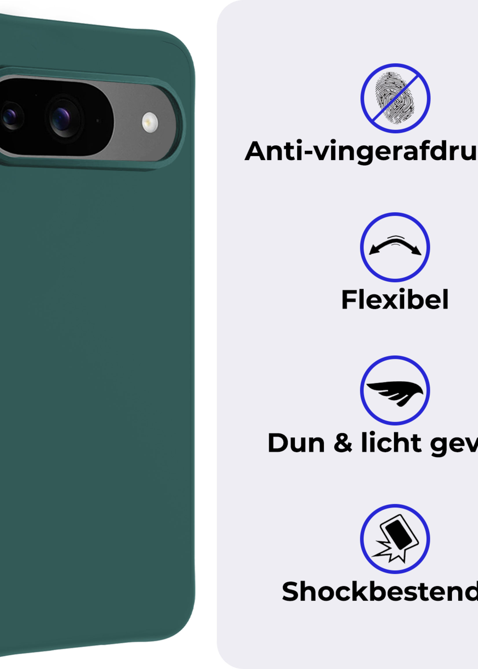 BTH Hoesje Geschikt voor Google Pixel 9 Hoesje Siliconen Case Hoes - Hoes Geschikt voor Google Pixel 9 Hoes Cover Case - Donkergroen - 2 PACK