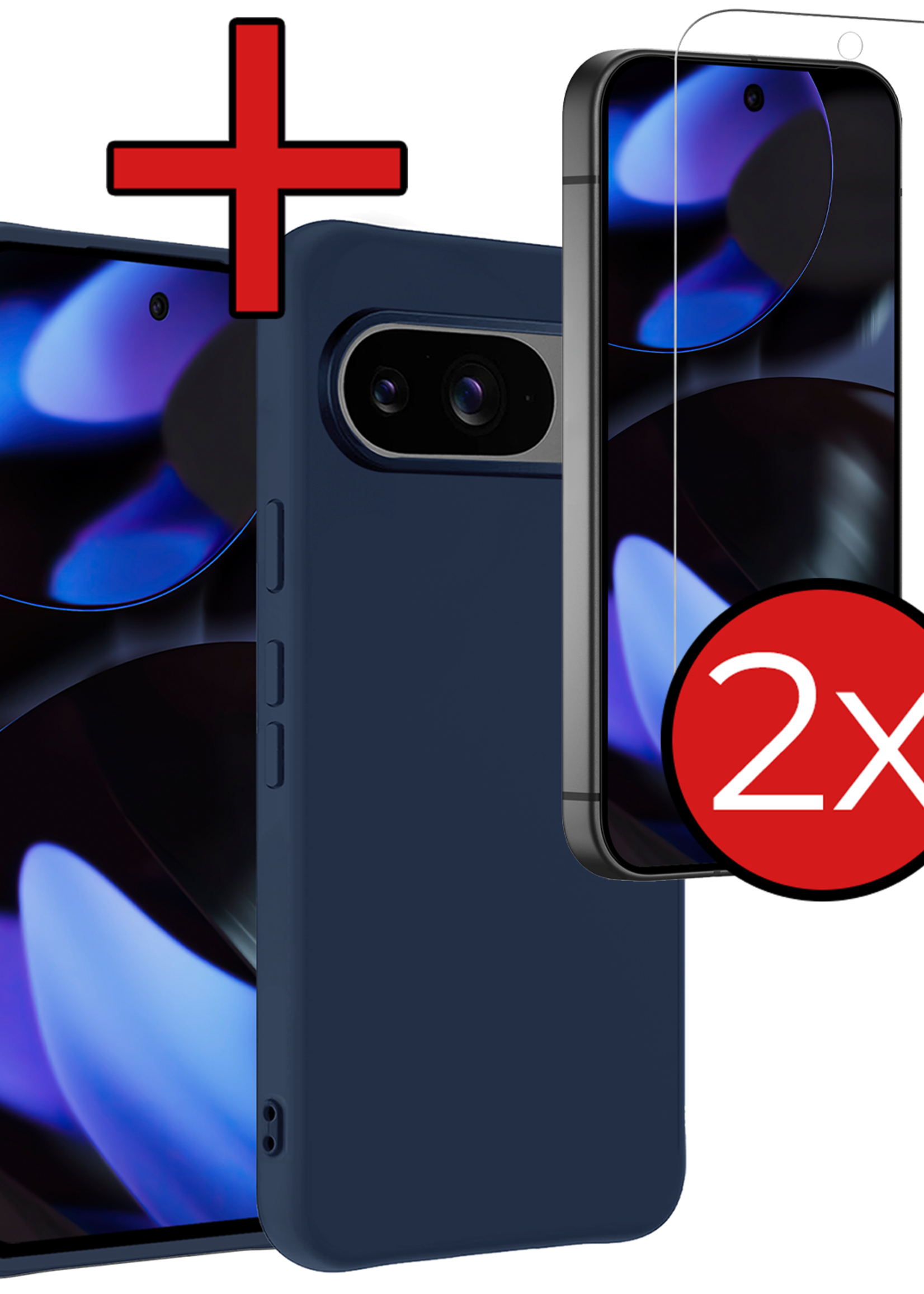 BTH Hoesje Geschikt voor Google Pixel 9 Hoesje Siliconen Case Hoes Met 2x Screenprotector - Hoes Geschikt voor Google Pixel 9 Hoes Cover Case - Donkerblauw