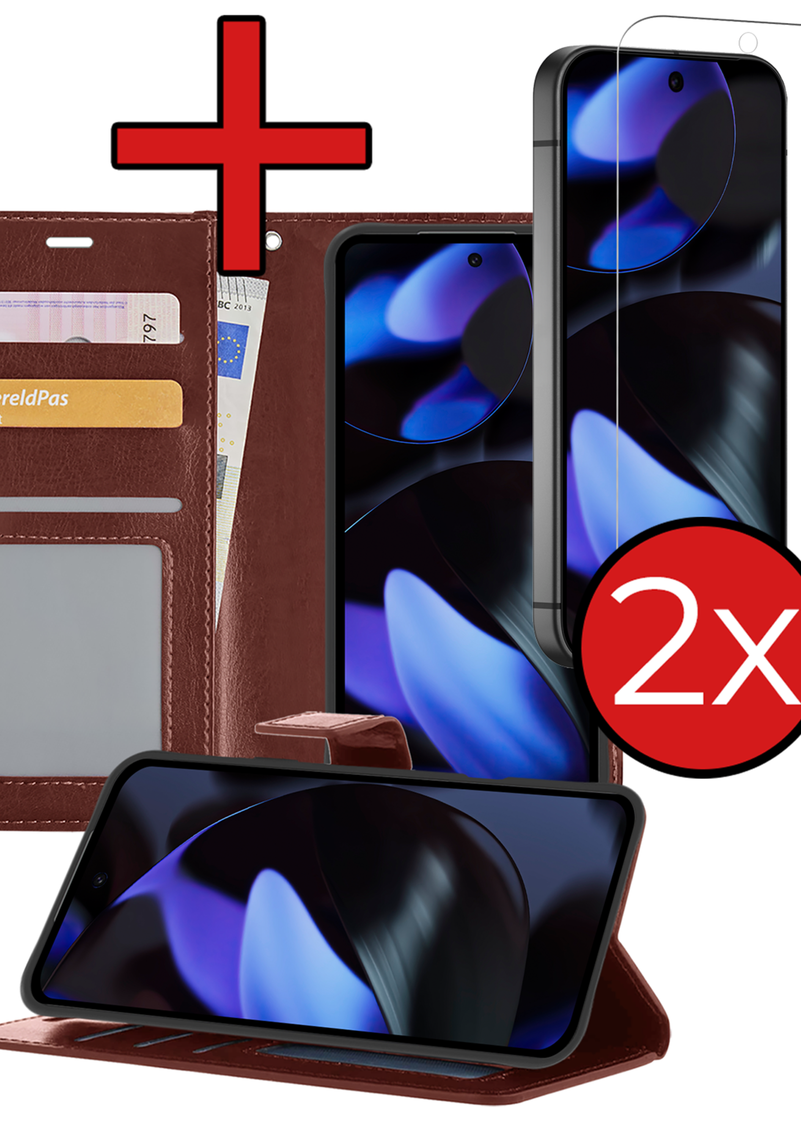 BTH Hoesje Geschikt voor Google Pixel 9 Hoesje Book Case Hoes Portemonnee Cover Walletcase Met 2x Screenprotector - Hoes Geschikt voor Google Pixel 9 Hoes Bookcase Hoesje - Bruin
