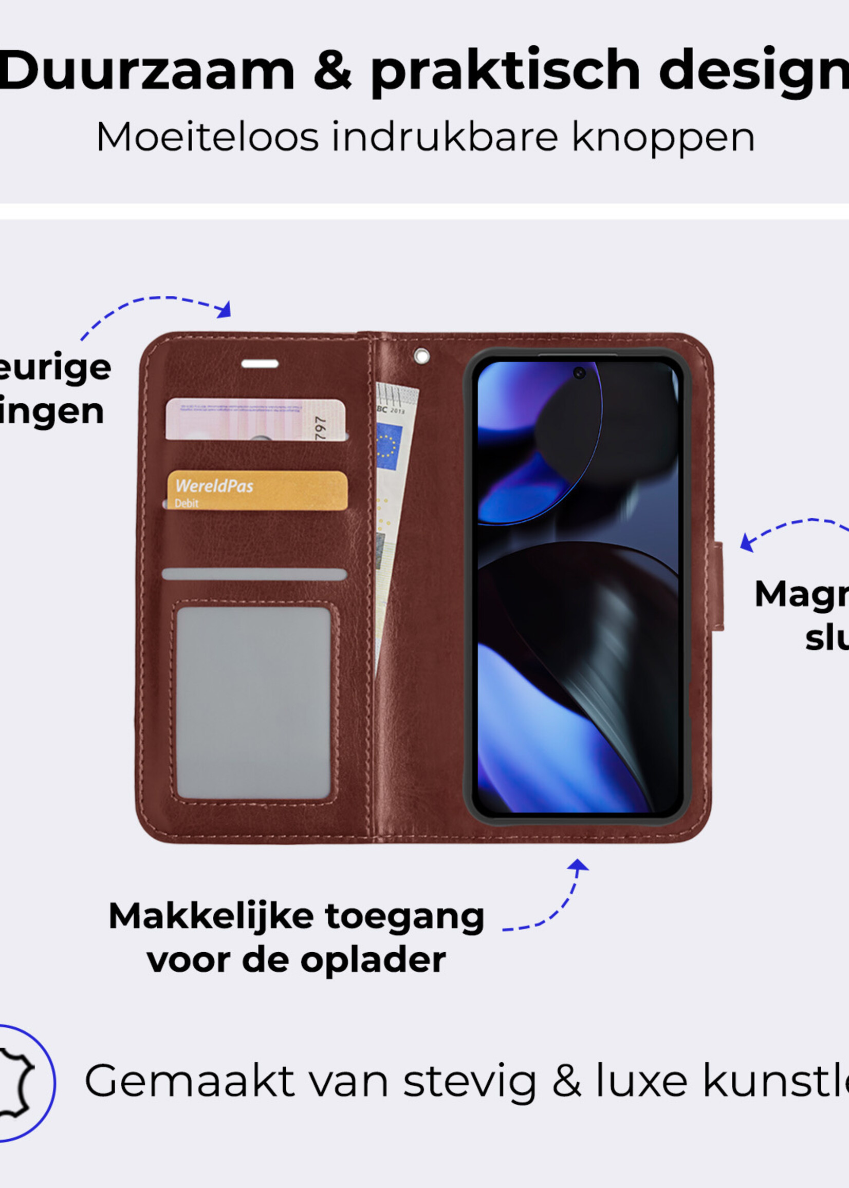 BTH Hoesje Geschikt voor Google Pixel 9 Hoesje Book Case Hoes Portemonnee Cover Walletcase Met 2x Screenprotector - Hoes Geschikt voor Google Pixel 9 Hoes Bookcase Hoesje - Bruin