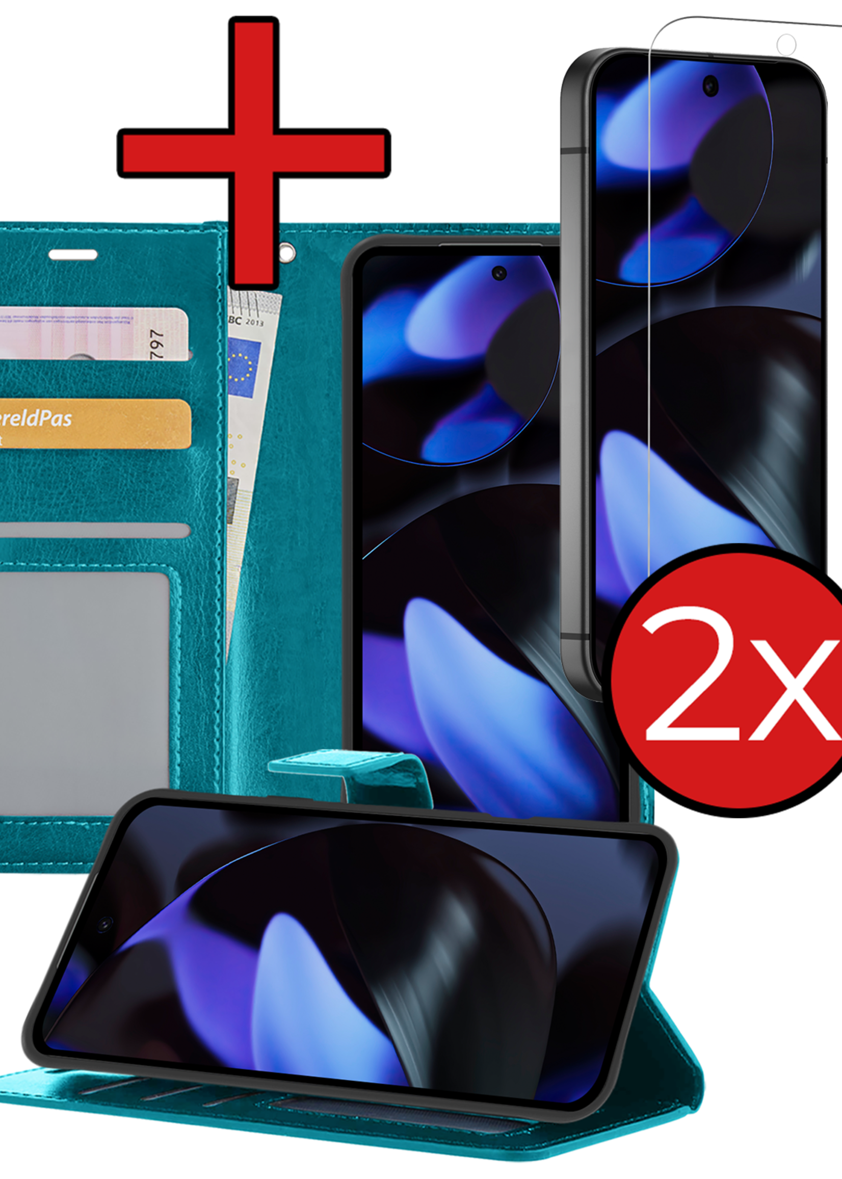 BTH Hoesje Geschikt voor Google Pixel 9 Hoesje Book Case Hoes Portemonnee Cover Walletcase Met 2x Screenprotector - Hoes Geschikt voor Google Pixel 9 Hoes Bookcase Hoesje - Turquoise