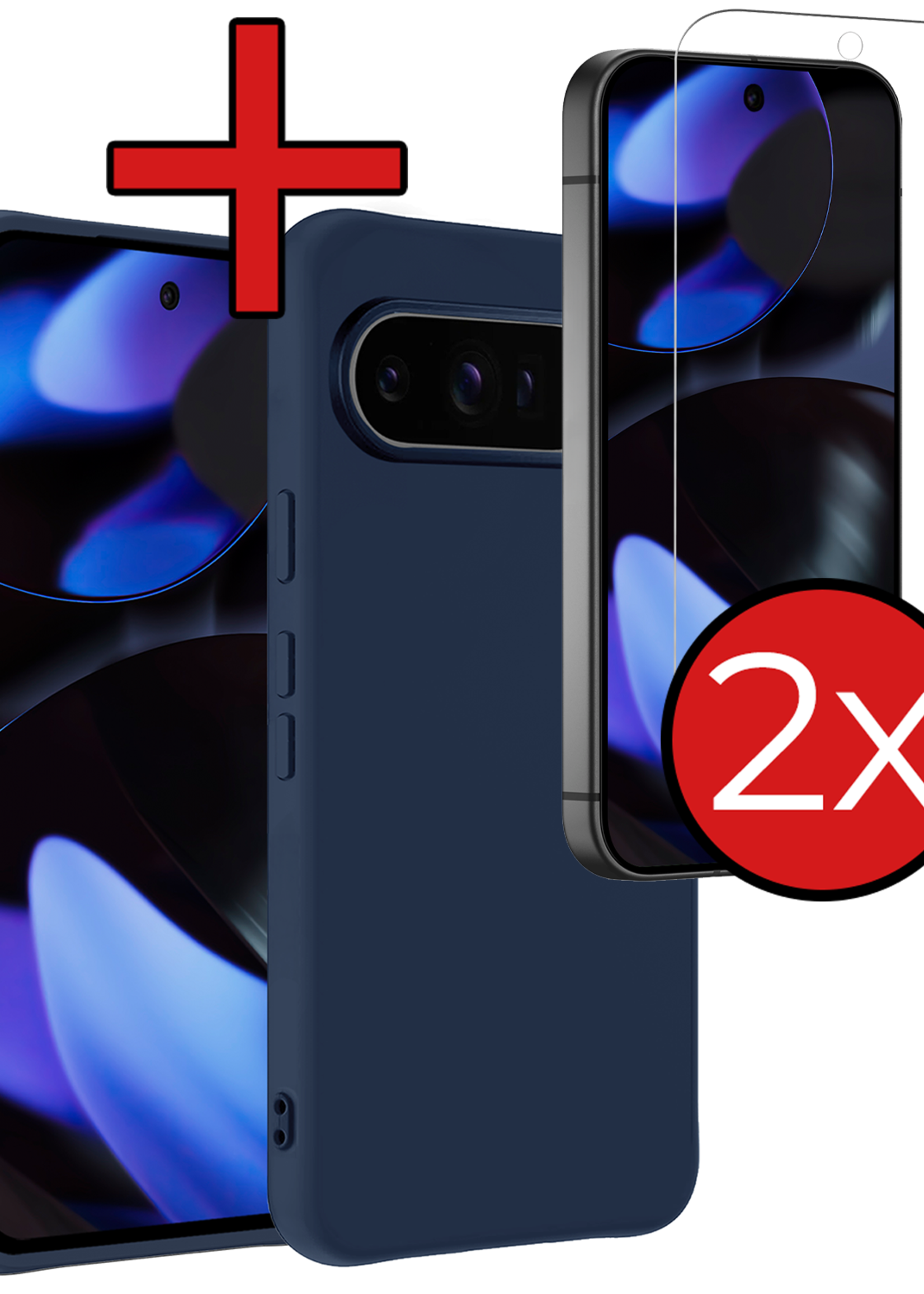 BTH Hoesje Geschikt voor Google Pixel 9 Pro Hoesje Siliconen Case Hoes Met 2x Screenprotector - Hoes Geschikt voor Google Pixel 9 Pro Hoes Cover Case - Donkerblauw