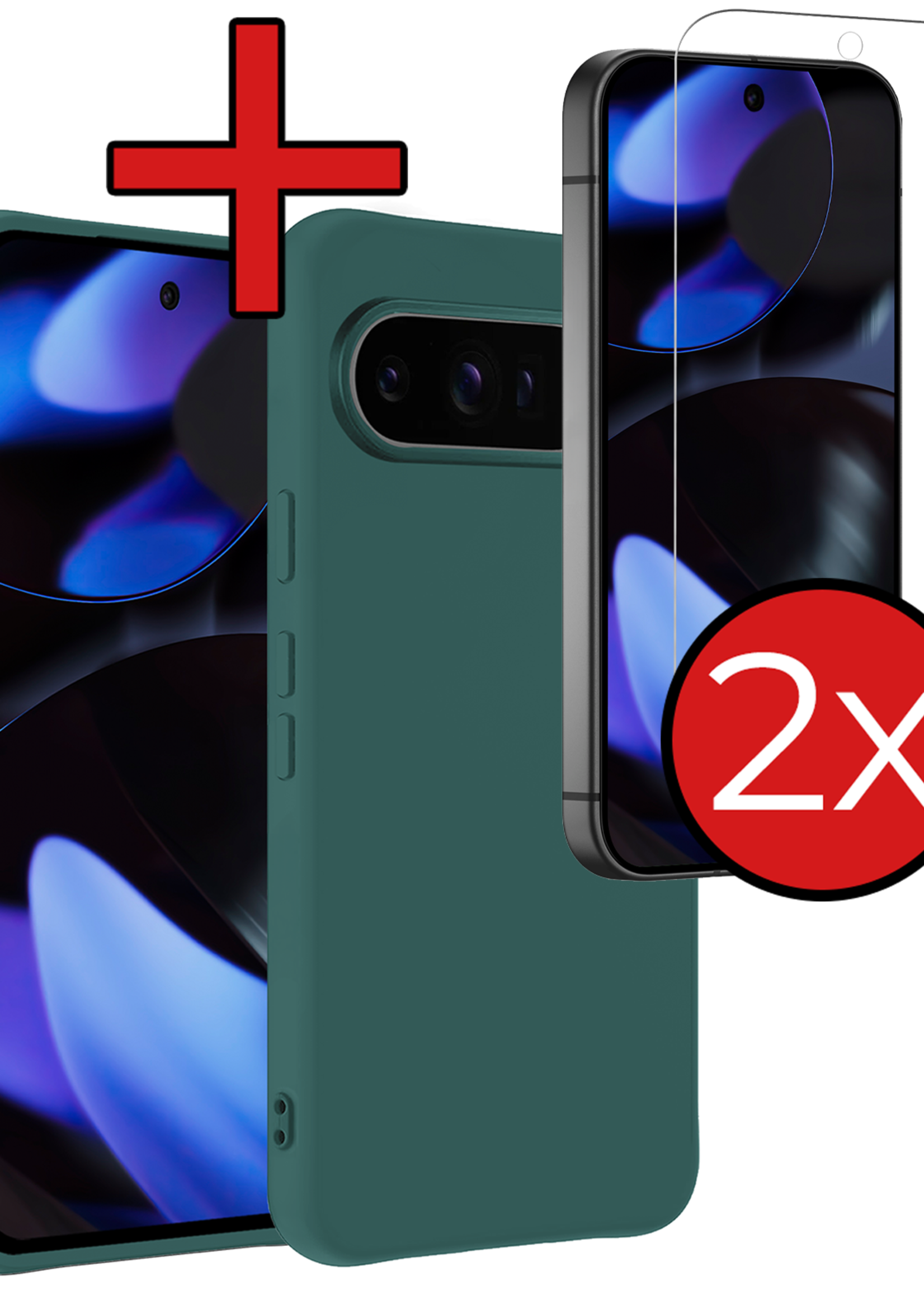 BTH Hoesje Geschikt voor Google Pixel 9 Pro Hoesje Siliconen Case Hoes Met 2x Screenprotector - Hoes Geschikt voor Google Pixel 9 Pro Hoes Cover Case - Donkergroen