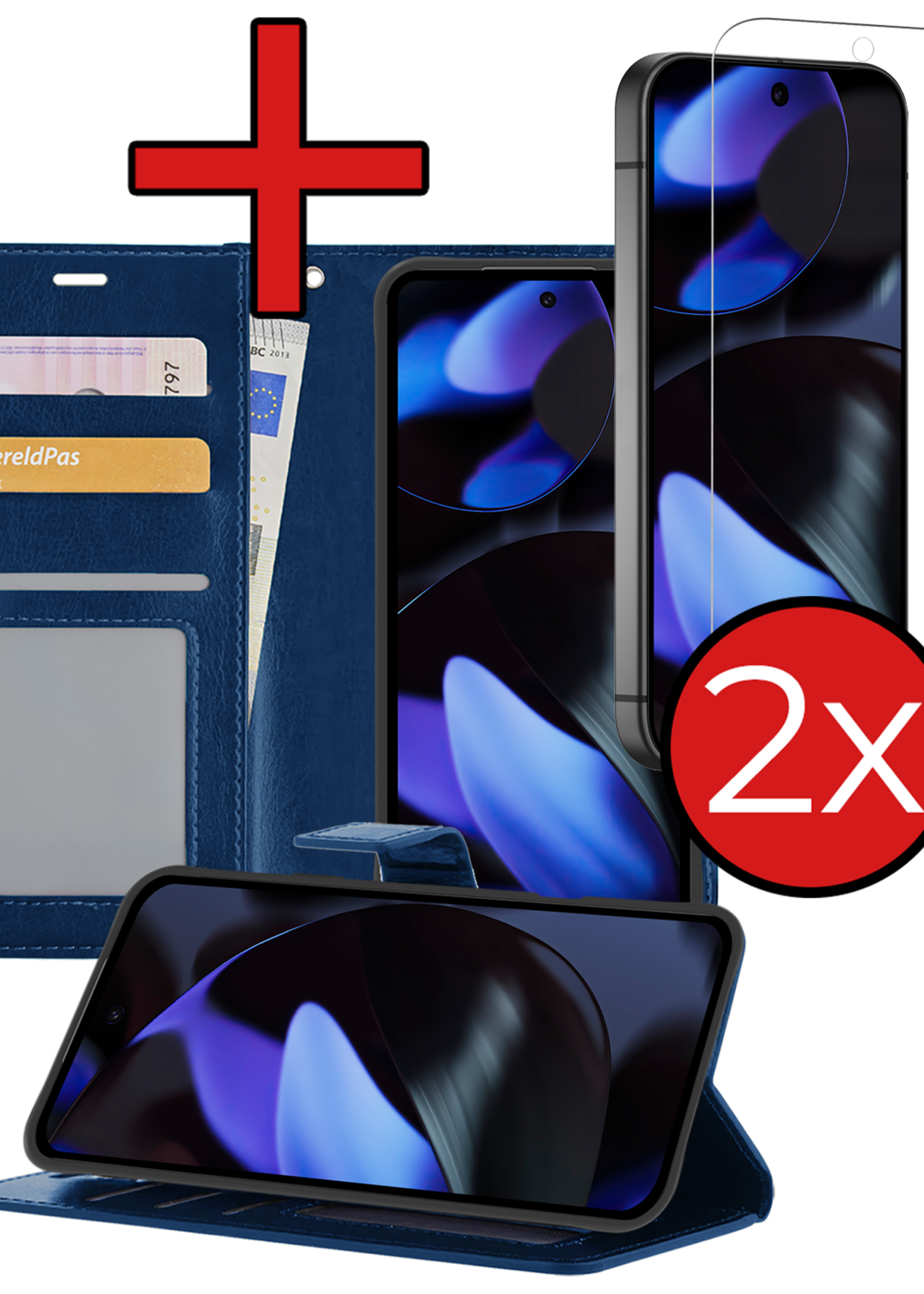 BTH Hoesje Geschikt voor Google Pixel 9 Pro Hoesje Book Case Hoes Portemonnee Cover Walletcase Met 2x Screenprotector - Hoes Geschikt voor Google Pixel 9 Pro Hoes Bookcase Hoesje - Donkerblauw