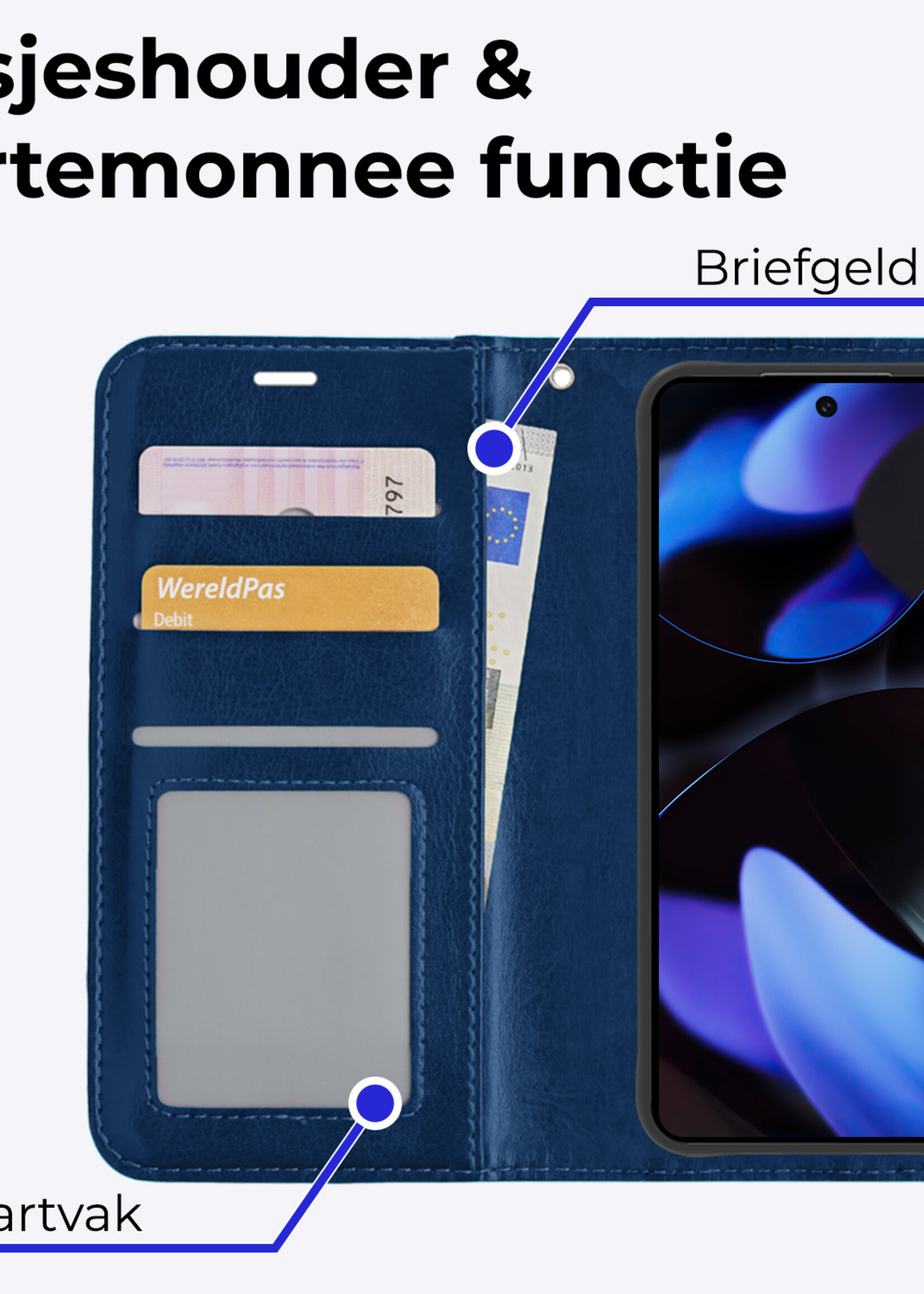 BTH Hoesje Geschikt voor Google Pixel 9 Pro Hoesje Book Case Hoes Portemonnee Cover Walletcase Met 2x Screenprotector - Hoes Geschikt voor Google Pixel 9 Pro Hoes Bookcase Hoesje - Donkerblauw