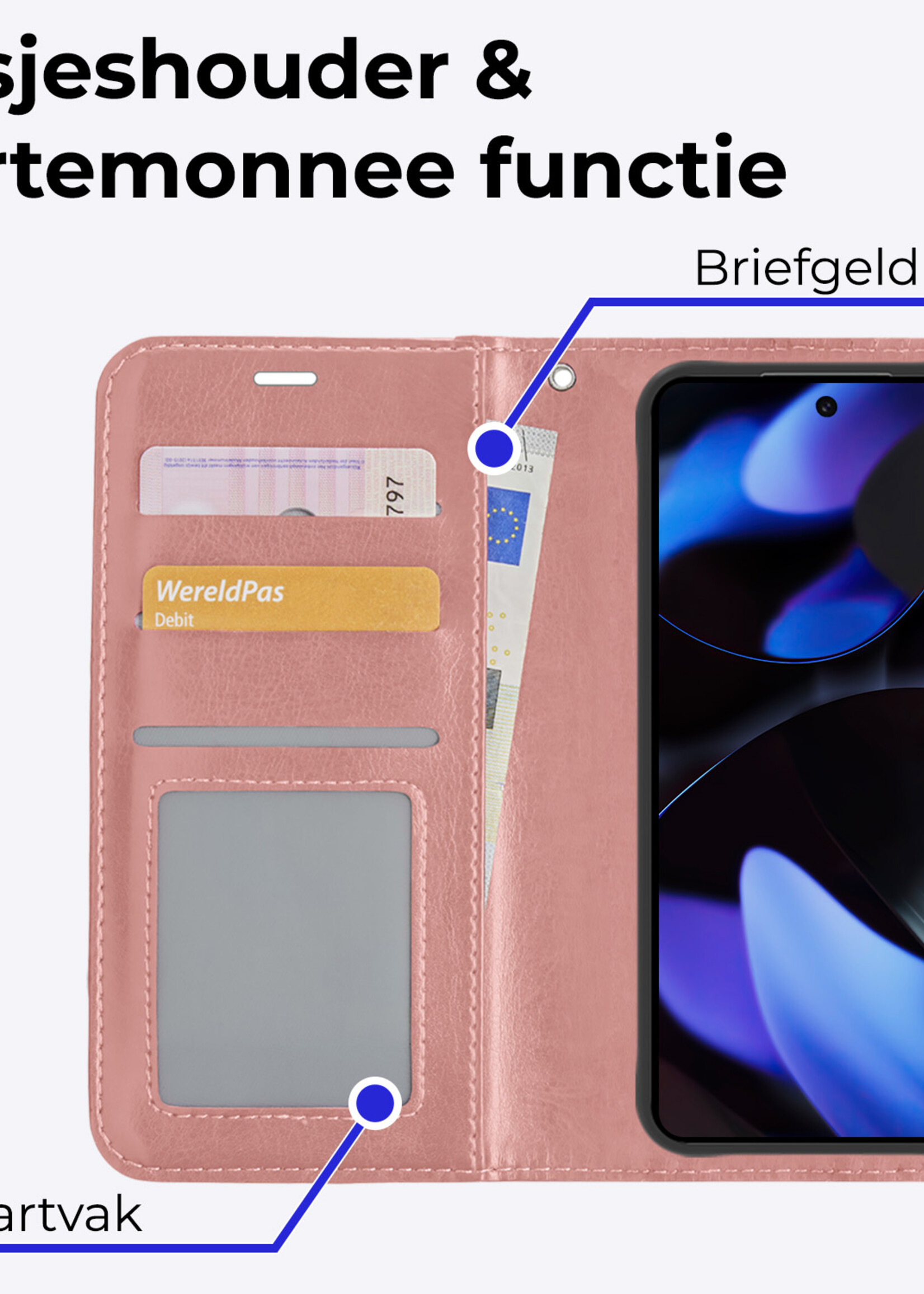 BTH Hoesje Geschikt voor Google Pixel 9 Pro Hoesje Book Case Hoes Portemonnee Cover Walletcase - Hoes Geschikt voor Google Pixel 9 Pro Hoes Bookcase Hoesje - Rosé goud