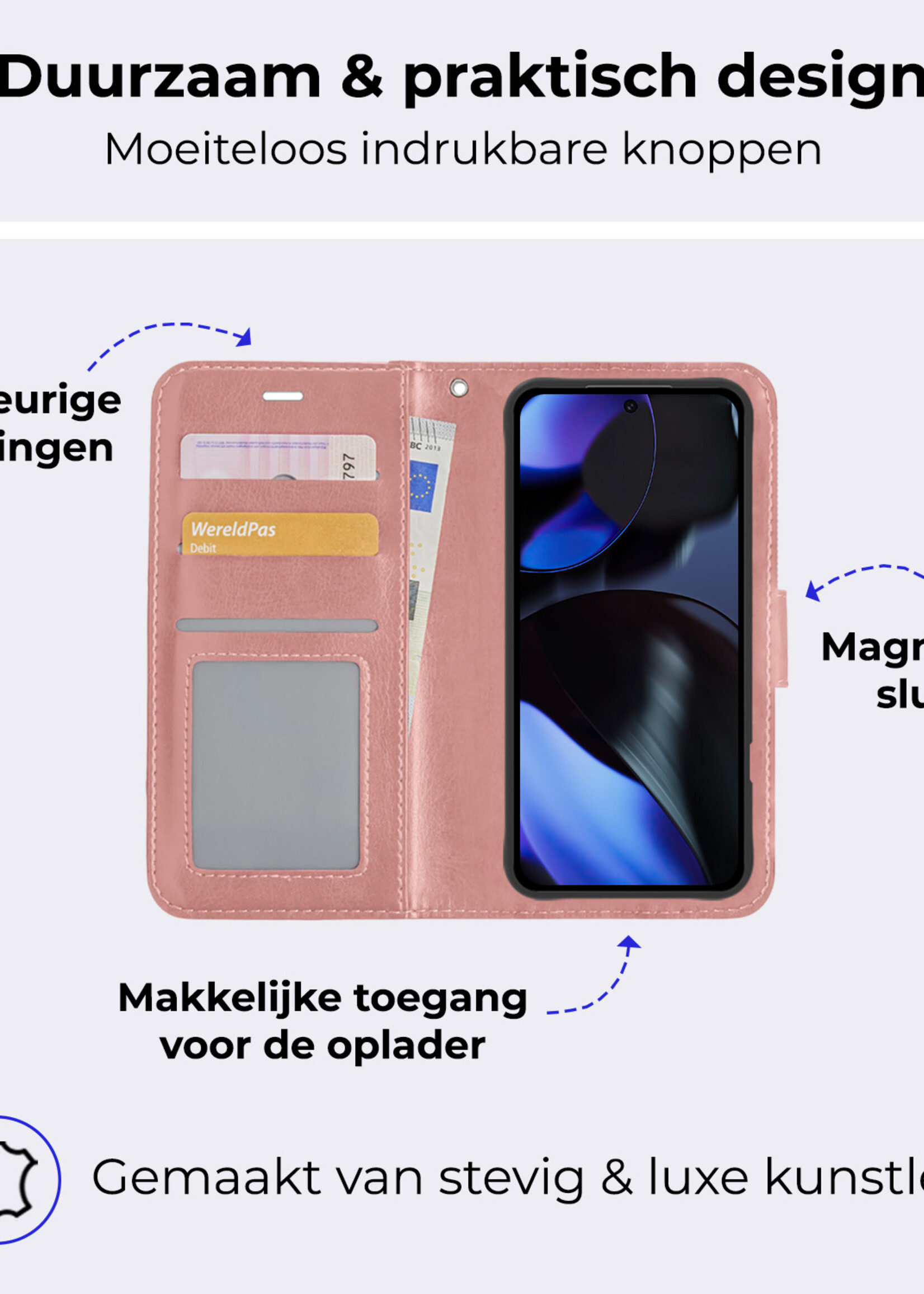 BTH Hoesje Geschikt voor Google Pixel 9 Pro Hoesje Book Case Hoes Portemonnee Cover Walletcase - Hoes Geschikt voor Google Pixel 9 Pro Hoes Bookcase Hoesje - Rosé goud