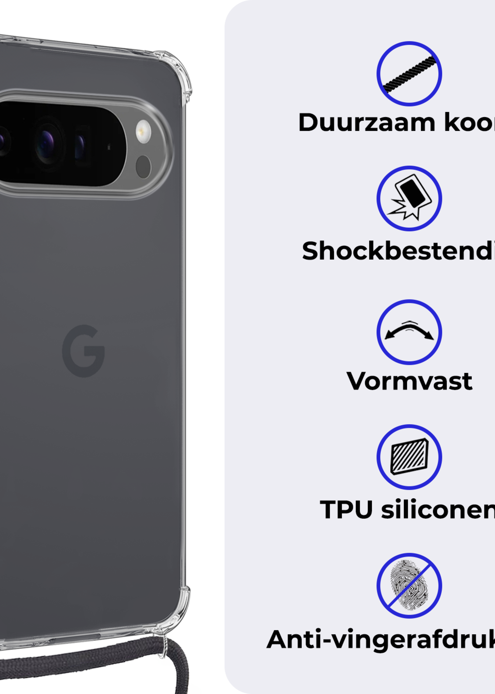 BTH Hoesje Geschikt voor Google Pixel 9 Pro XL Hoesje Siliconen Shock Proof Hoesje Met Koord Case Met Telefoonkoord - Hoes Geschikt voor Google Pixel 9 Pro XL Hoesje Cover Shockproof Met Koord - Transparant