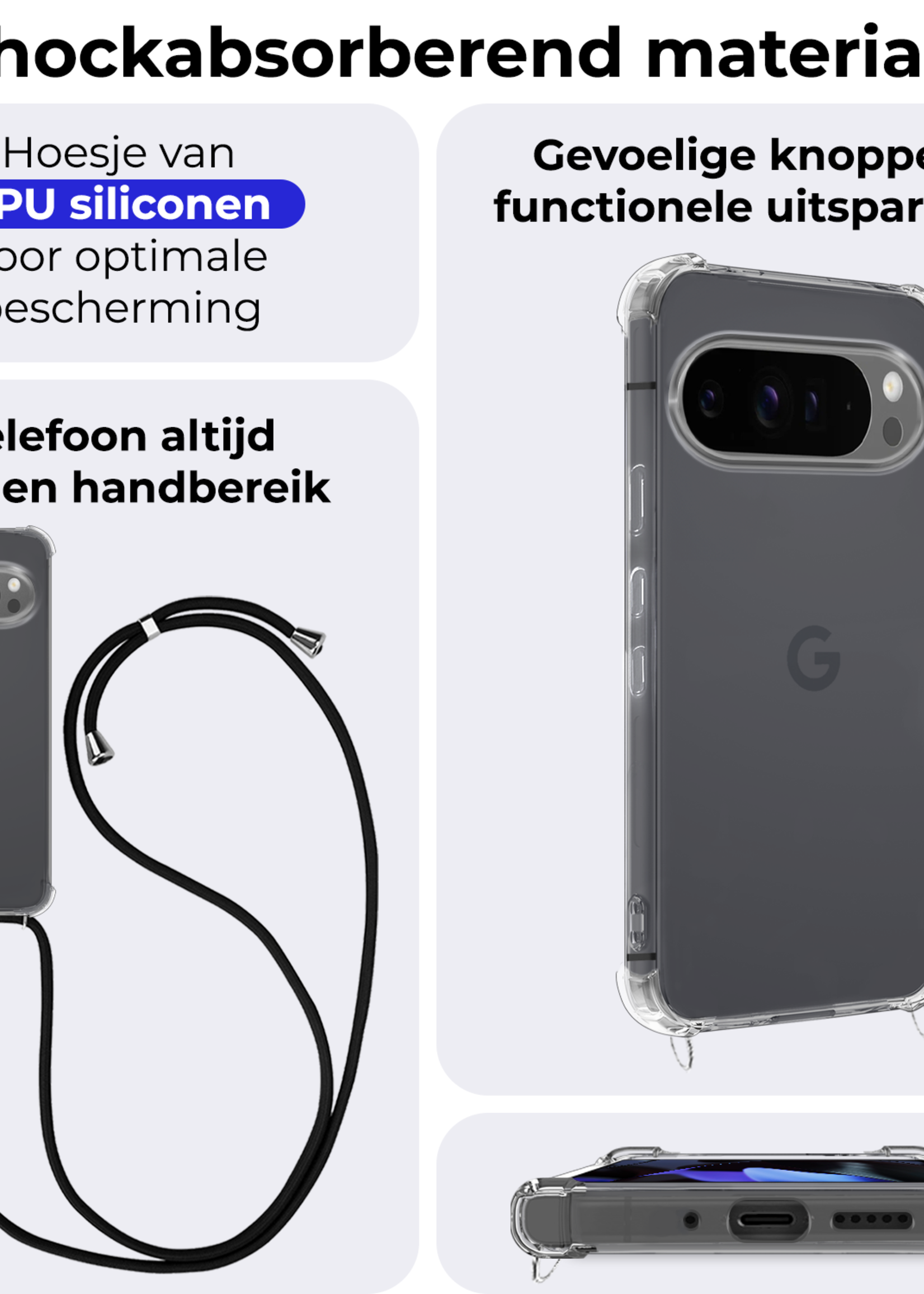 BTH Hoesje Geschikt voor Google Pixel 9 Pro XL Hoesje Siliconen Shock Proof Hoesje Met Koord Case Met Telefoonkoord - Hoes Geschikt voor Google Pixel 9 Pro XL Hoesje Cover Shockproof Met Koord - Transparant