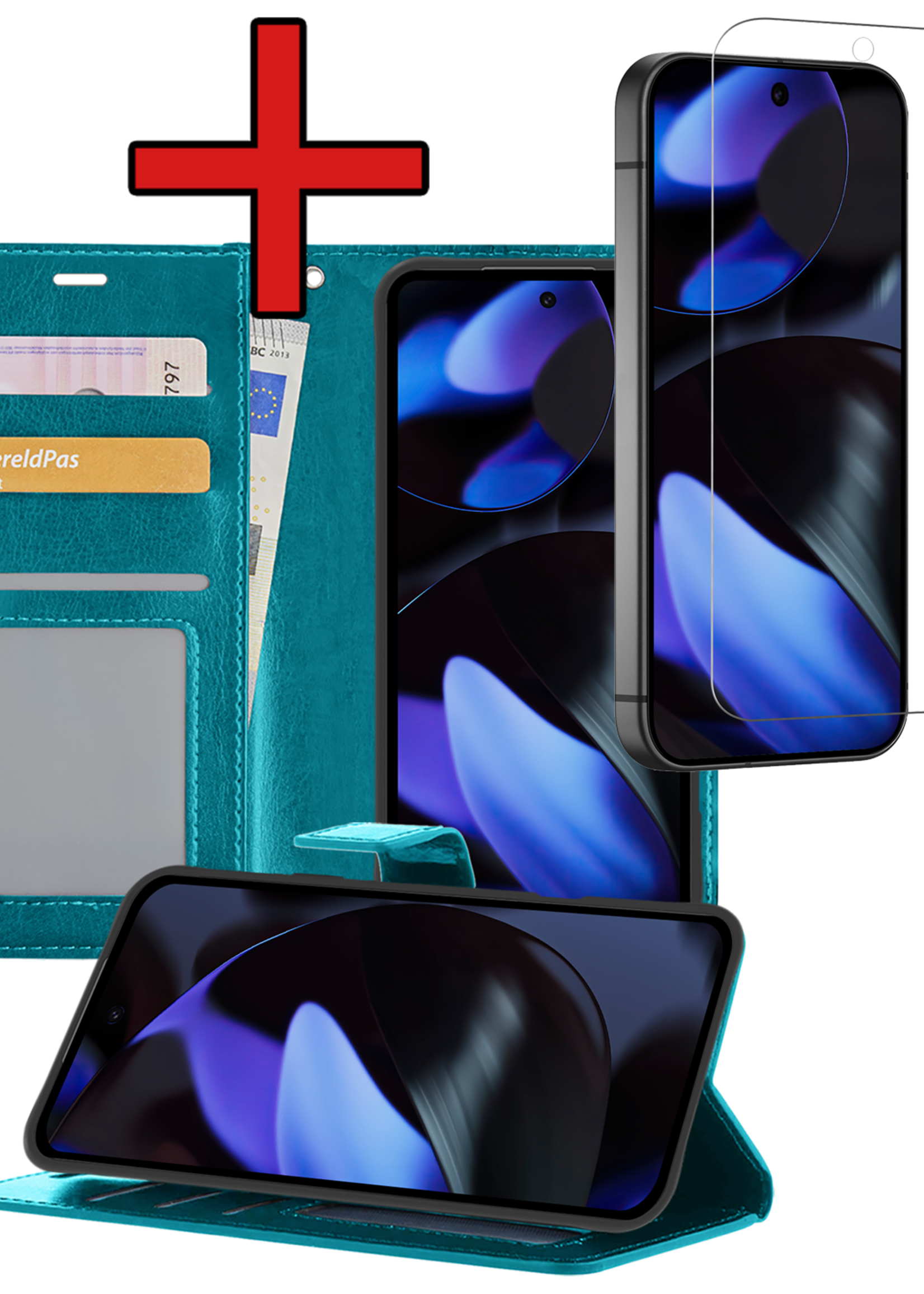 BTH Hoesje Geschikt voor Google Pixel 9 Pro XL Hoesje Book Case Hoes Portemonnee Cover Walletcase Met Screenprotector - Hoes Geschikt voor Google Pixel 9 Pro XL Hoes Bookcase Hoesje - Turquoise