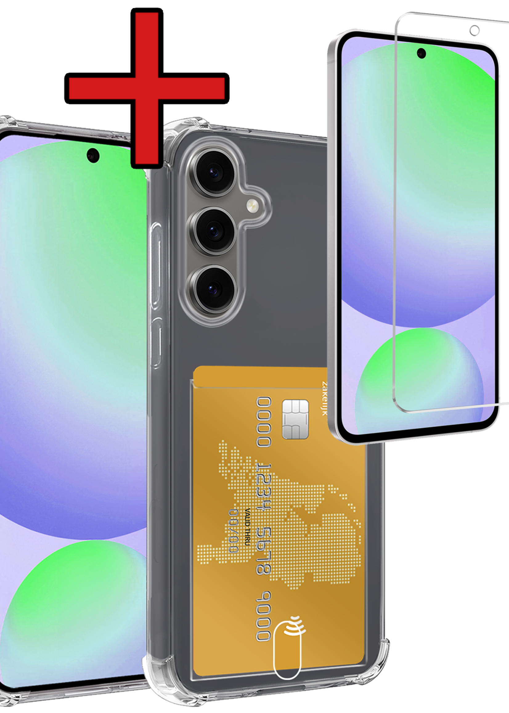 BTH Hoesje Geschikt voor Samsung S24 FE Hoesje Met Pasjeshouder Siliconen Case Met Kaarthouder Met Screenprotector - Hoes Geschikt voor Samsung Galaxy S24 FE Hoesje Shock Proof Case - Transparant