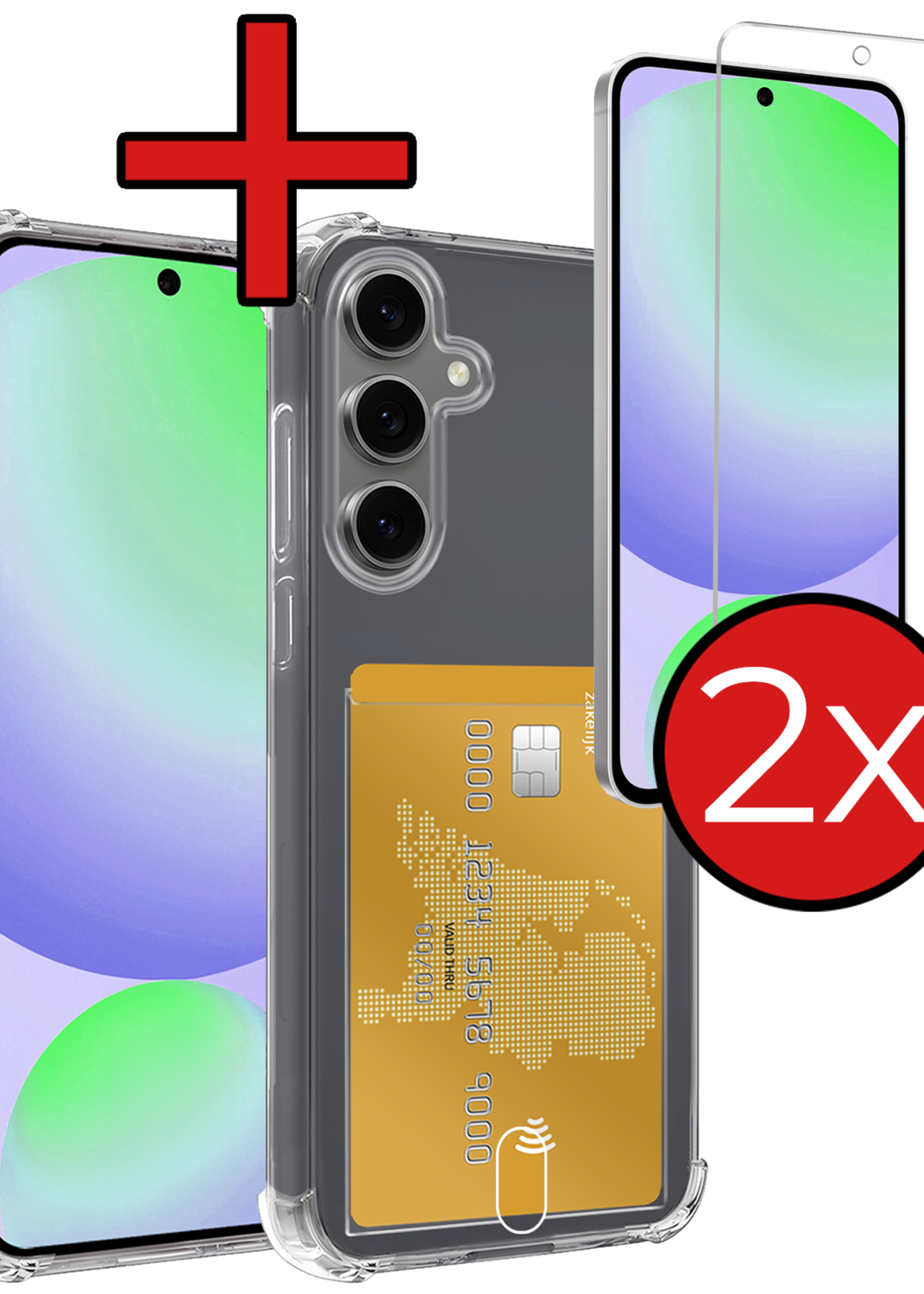 BTH Hoesje Geschikt voor Samsung S24 FE Hoesje Met Pasjeshouder Siliconen Case Met Kaarthouder Met 2x Screenprotector - Hoes Geschikt voor Samsung Galaxy S24 FE Hoesje Shock Proof Case - Transparant