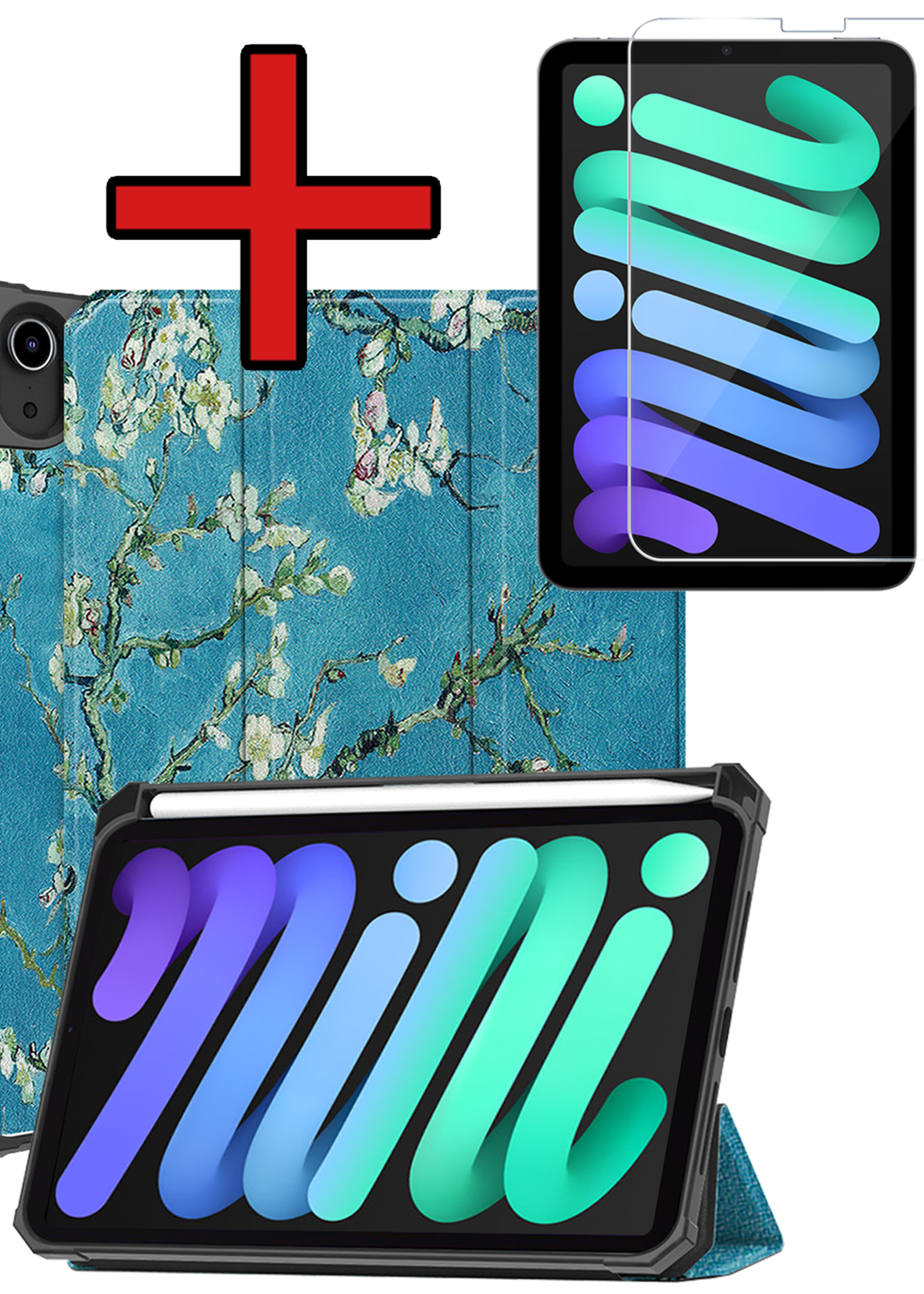BTH BTH iPad Mini 7 Hoesje Met Uitsparing Apple Pencil En Met Screenprotector - Witte Bloesem