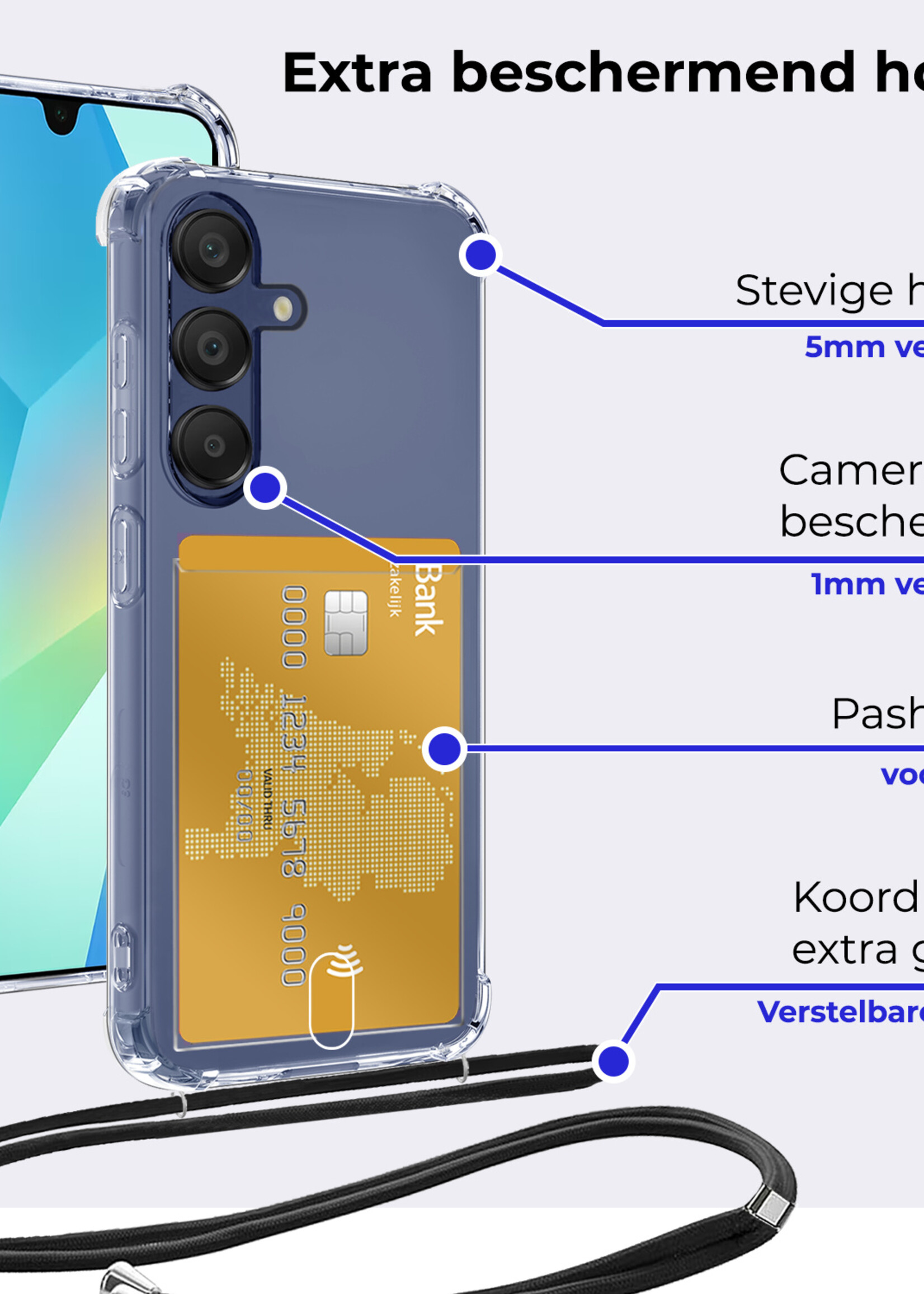 BTH BTH Samsung Galaxy A16 Hoesje Pashouder met Koord Met Screenprotector