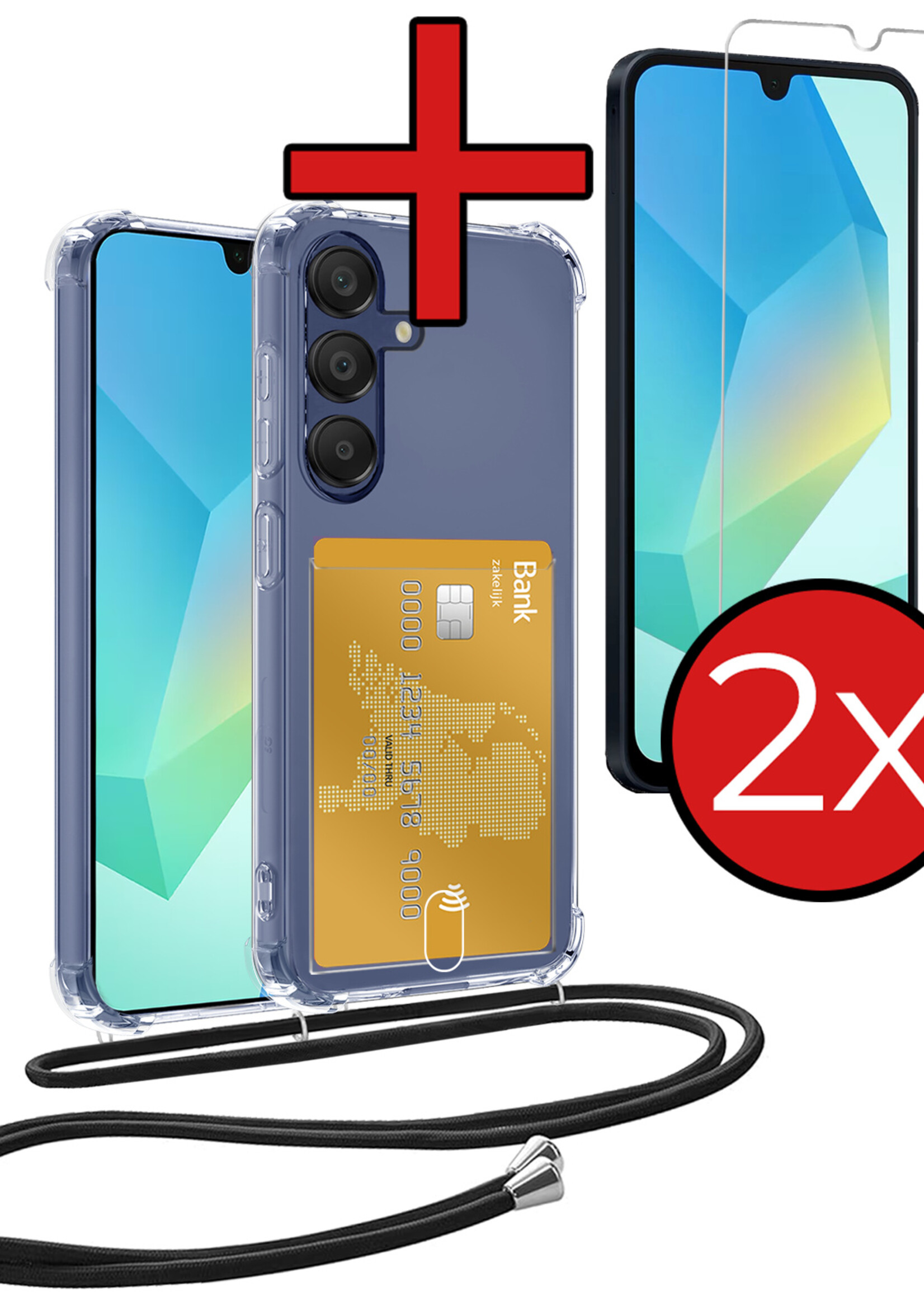 BTH BTH Samsung Galaxy A16 Hoesje Pashouder met Koord Met 2x Screenprotector