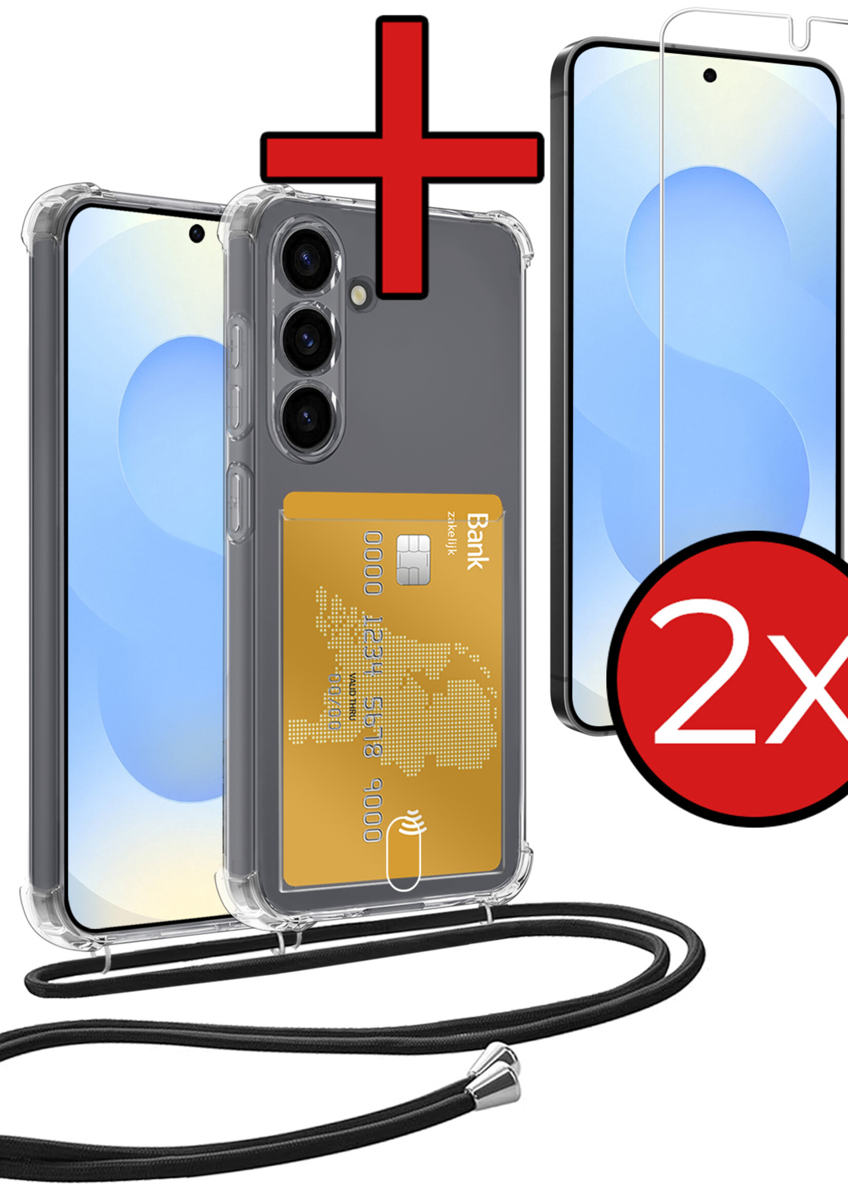 BTH BTH Samsung Galaxy S25 Plus Hoesje Pashouder met Koord Met 2x Screenprotector