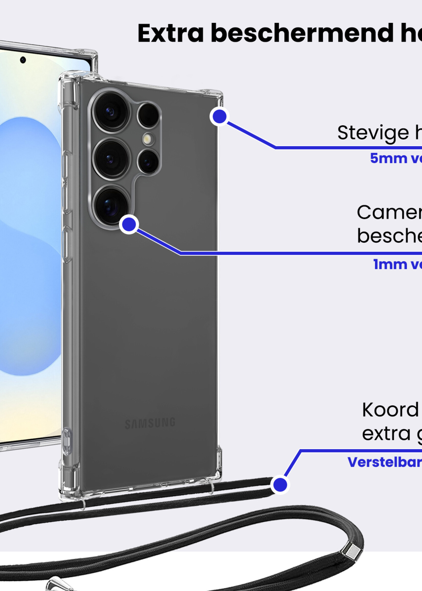 BTH BTH Samsung Galaxy S25 Ultra Hoesje Transparant Shockproof Met Zwart Koord