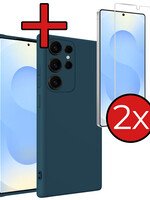 BTH BTH Samsung Galaxy S25 Ultra Hoesje Siliconen Met 2x Screenprotector - Donkerblauw