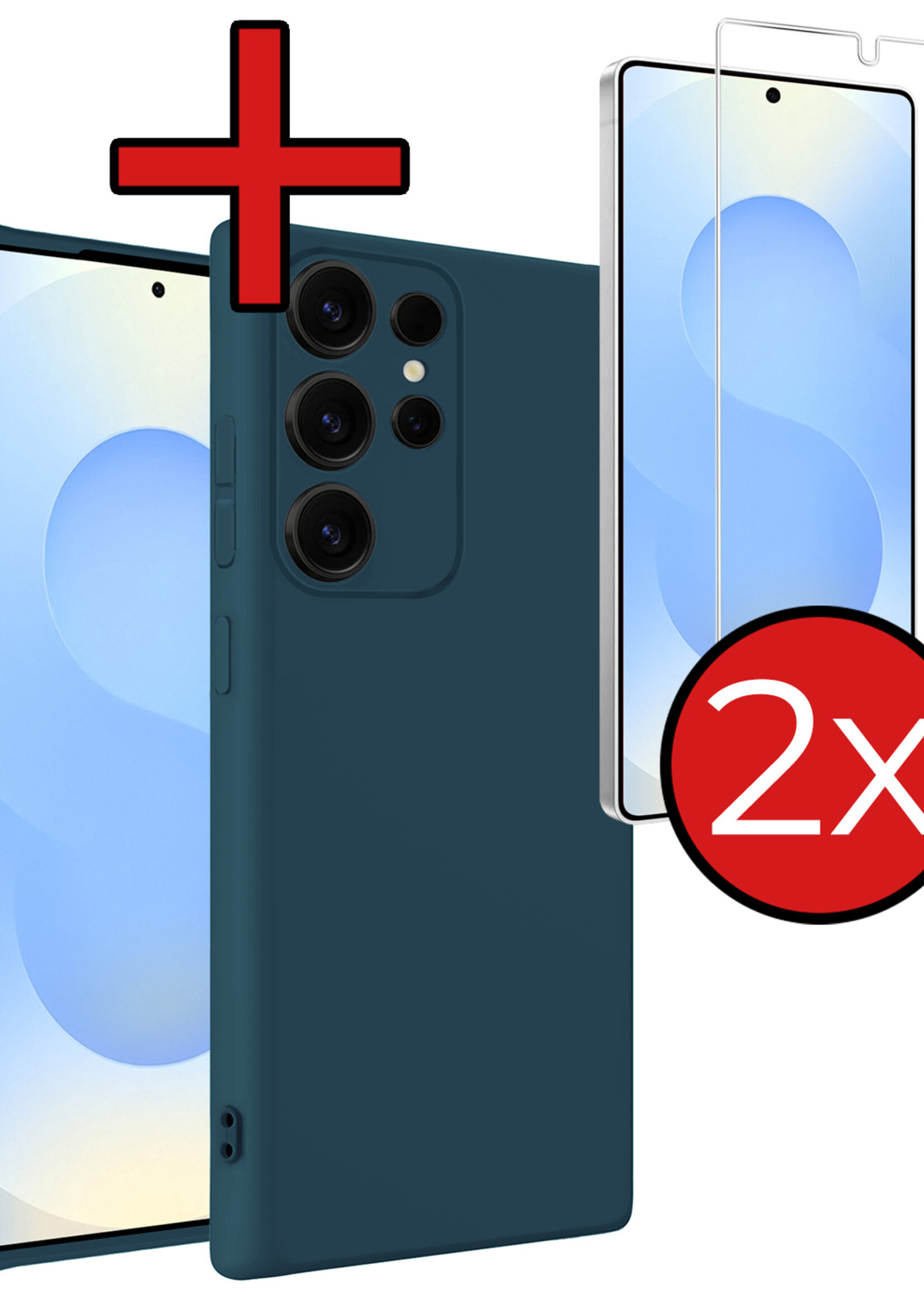BTH BTH Samsung Galaxy S25 Ultra Hoesje Siliconen Met 2x Screenprotector - Donkerblauw