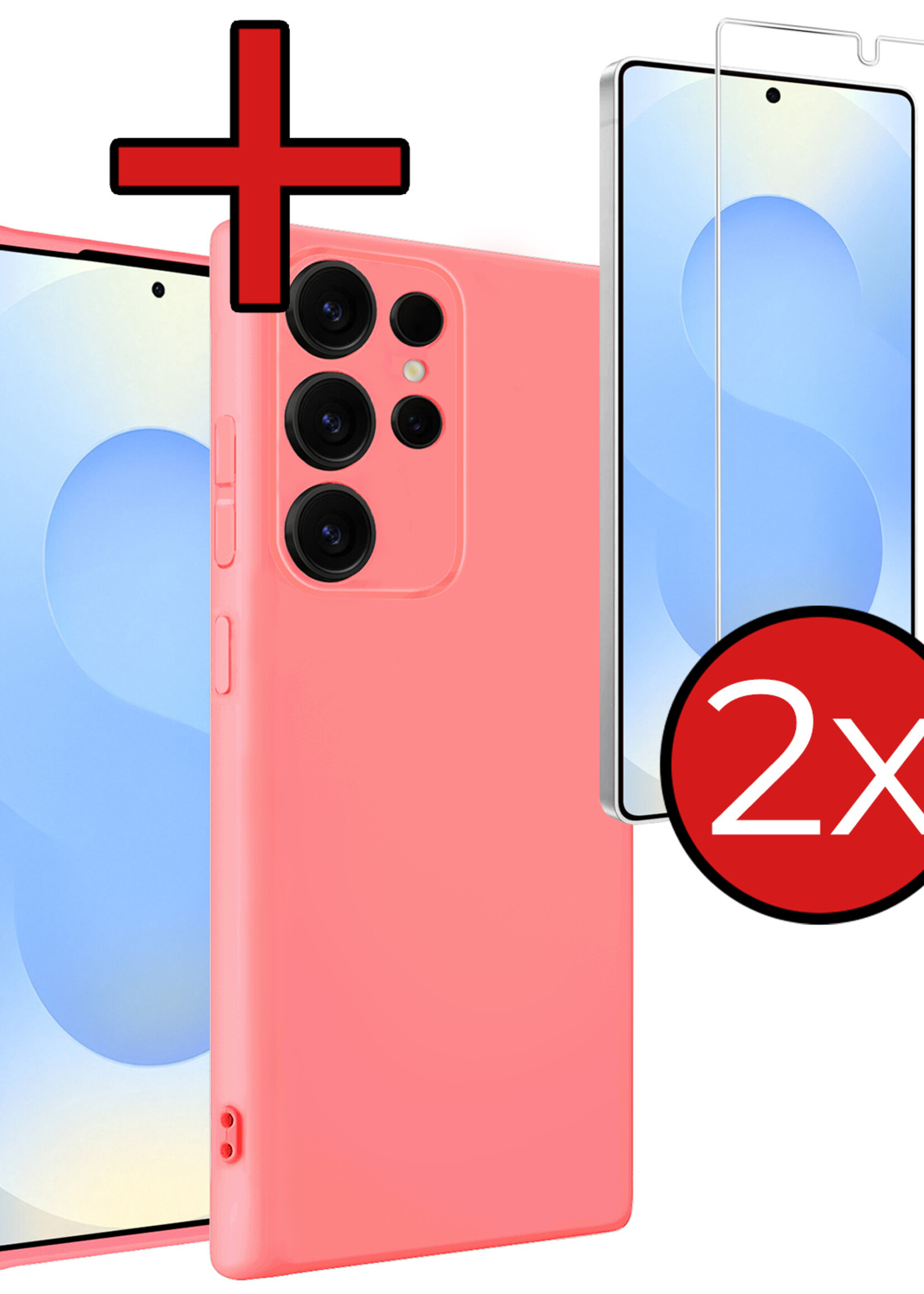 BTH BTH Samsung Galaxy S25 Ultra Hoesje Siliconen Met 2x Screenprotector - Lichtroze