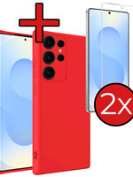 BTH BTH Samsung Galaxy S25 Ultra Hoesje Siliconen Met 2x Screenprotector - Rood
